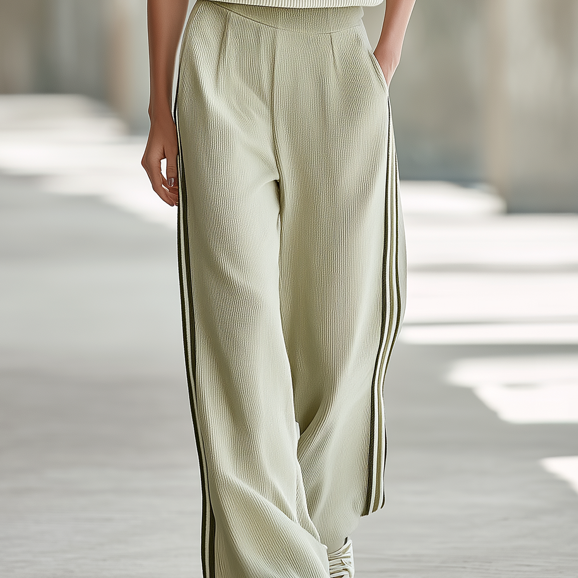Relaxed-Fit Casual Trousers With Contrast-Trimmed Edges And Fluid Drape — Light Green