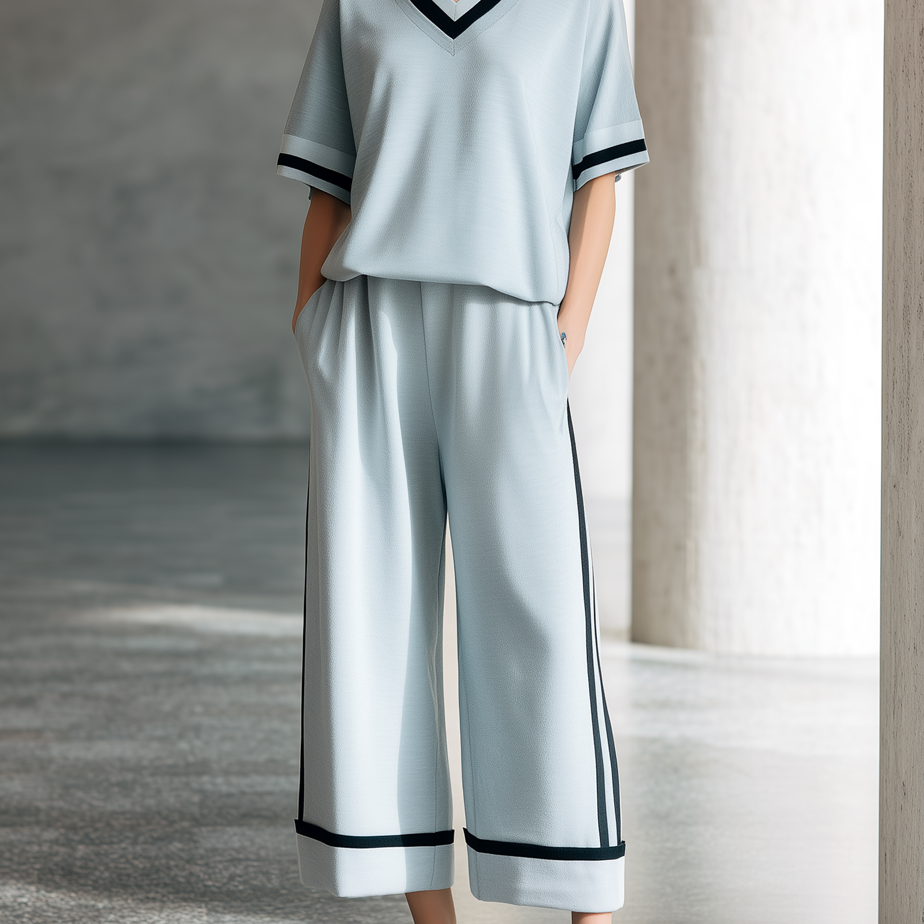 Relaxed-Fit Light Gray-Blue Short-Sleeve T-Shirt & Cropped Wide-Leg Pants Set