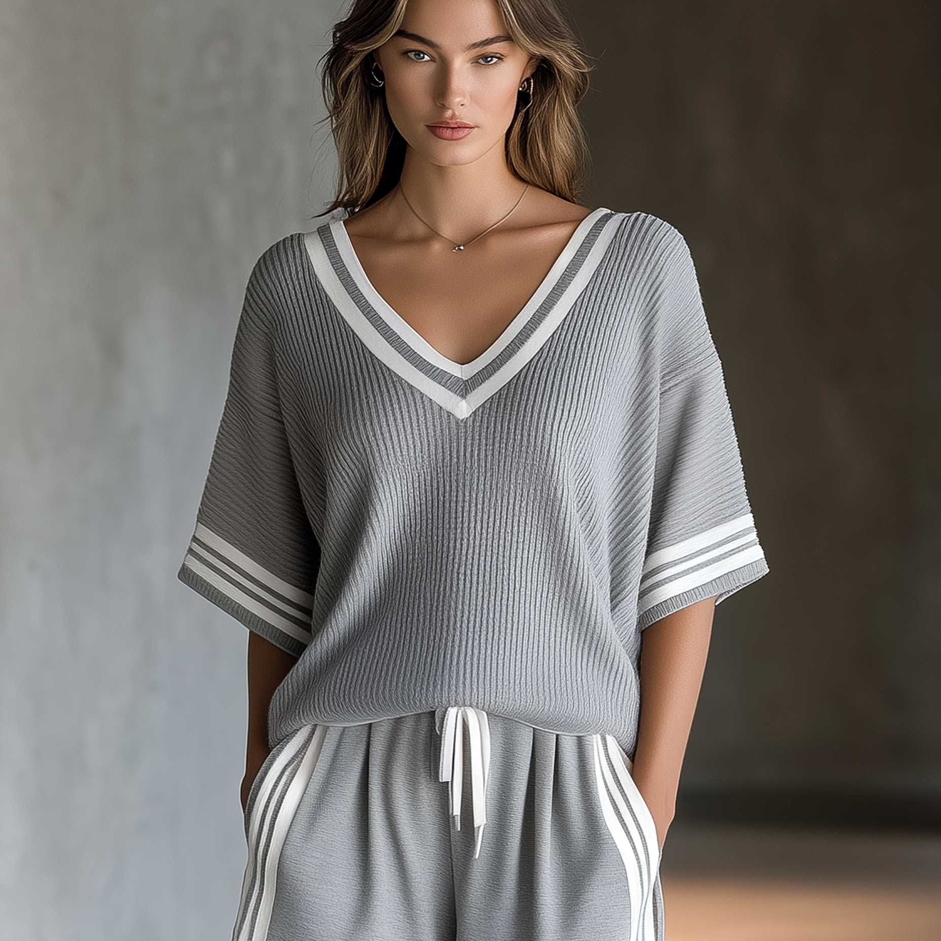 Relaxed-Fit Heather Grey V-Neck Knit Top With White Trim