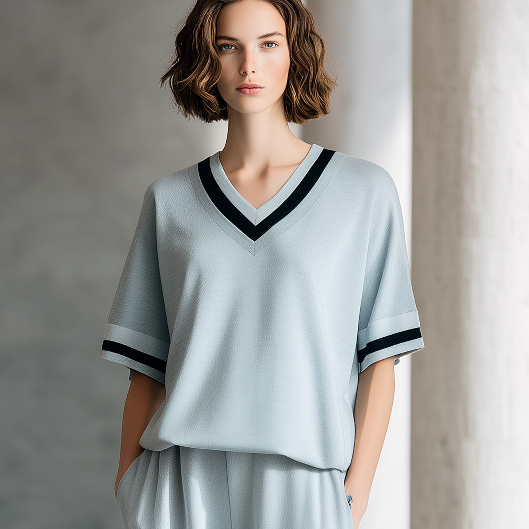 Ash-Blue & Simple: Youthful Color-Block V-Neck Loose-Fit Short-Sleeve Top