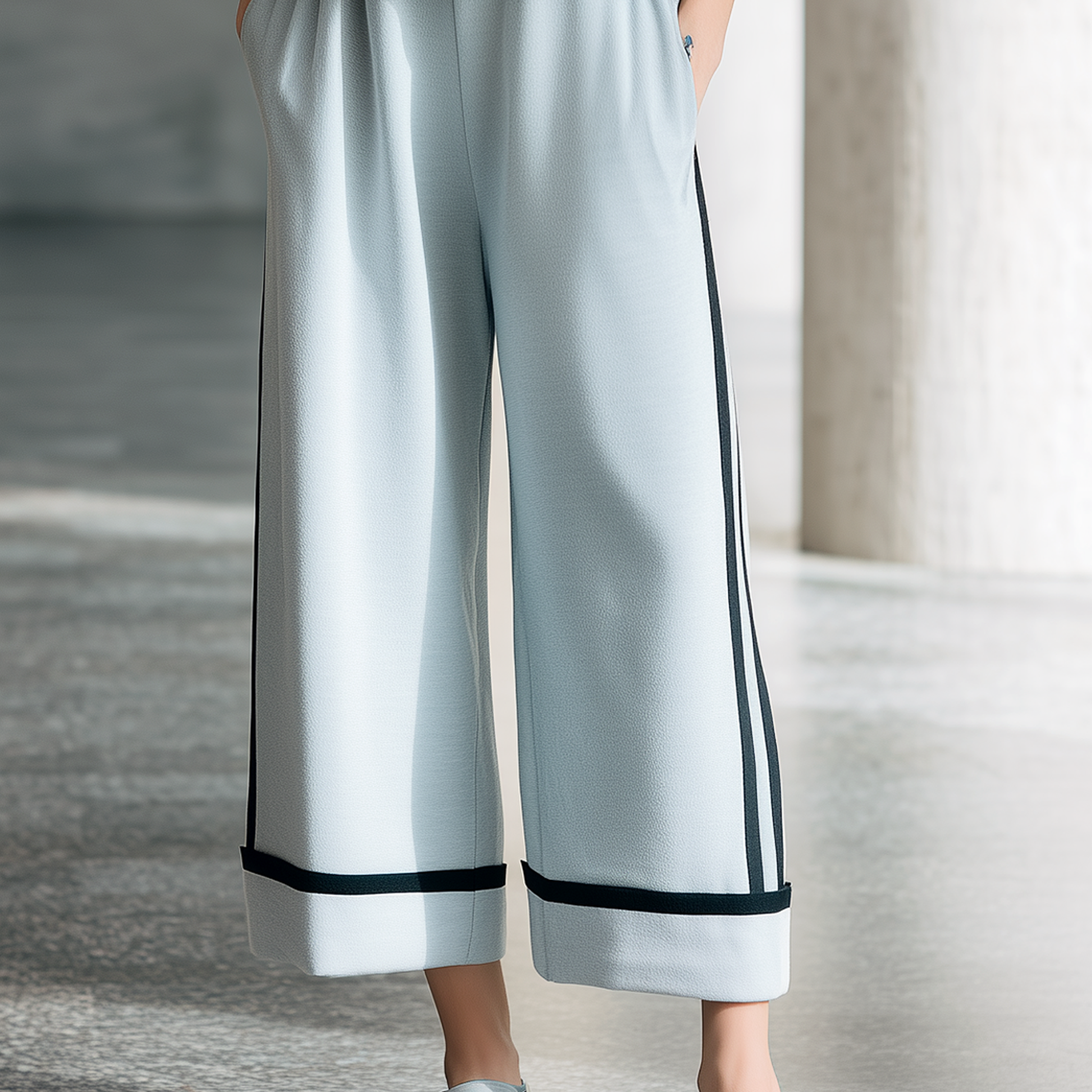 Commuter-Style Light Blue Wide-Leg Cropped Pants With Black Trim