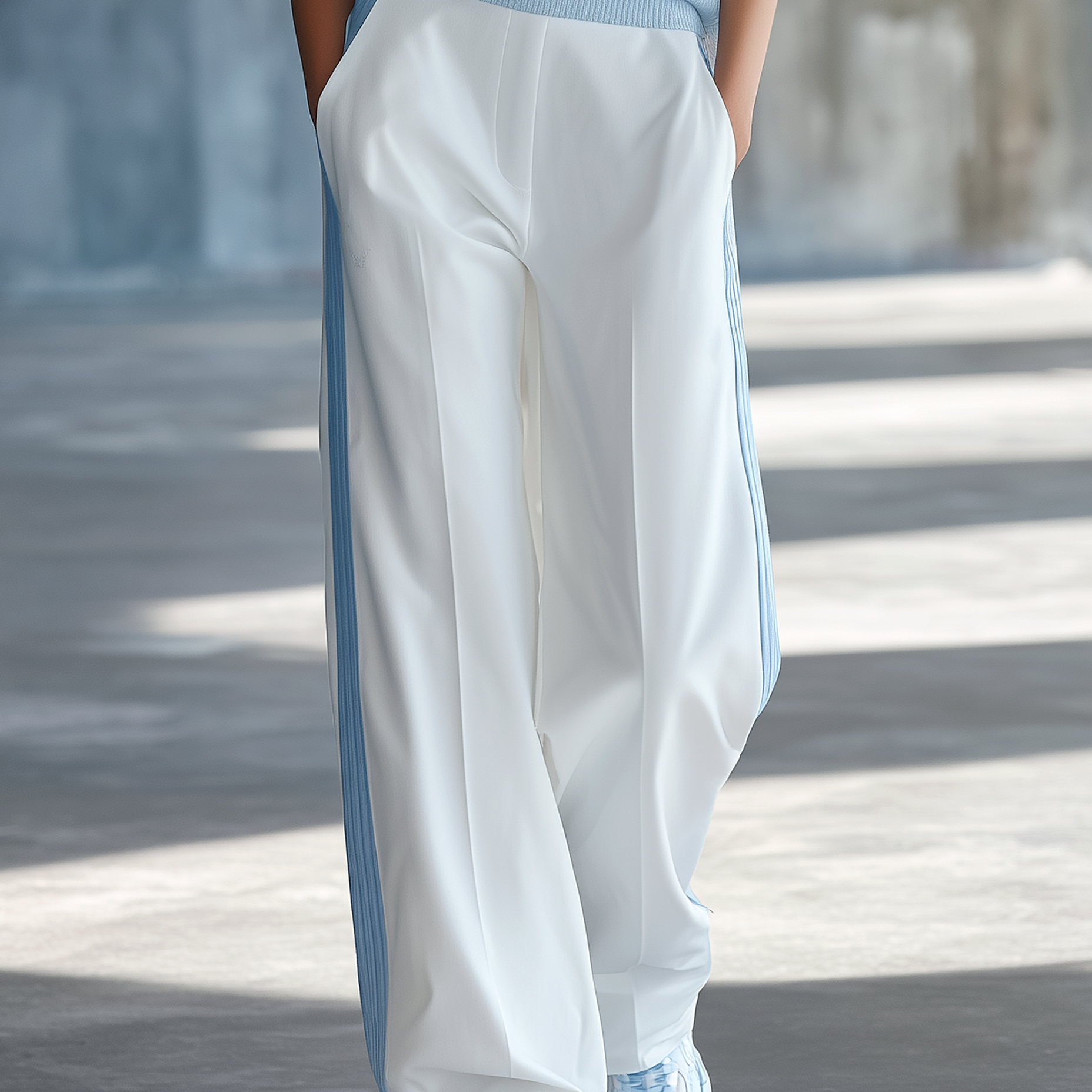 Fresh White & Blue Color-Block Wide-Leg Trousers With Side Stripes