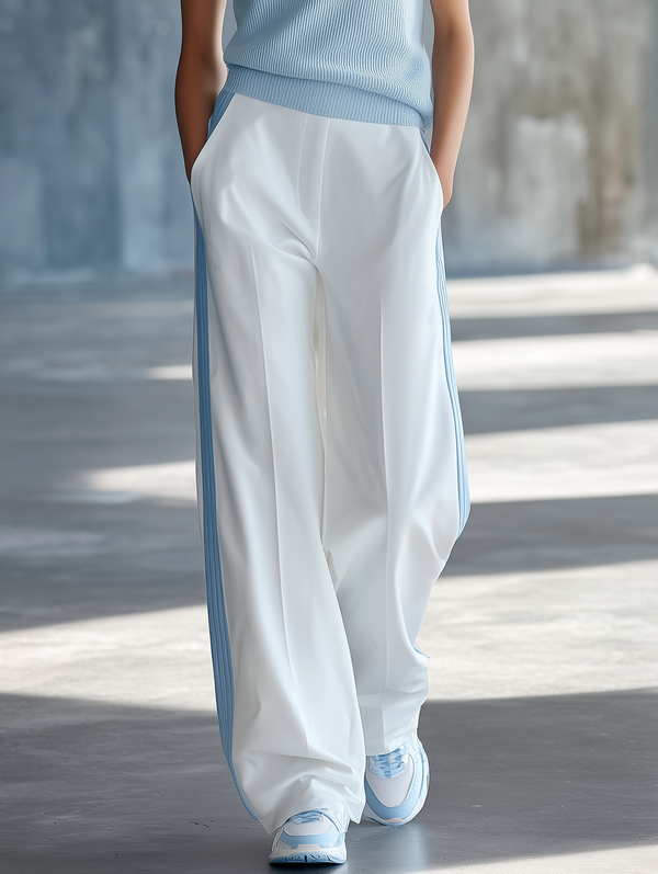Fresh White & Blue Color-Block Wide-Leg Trousers With Side Stripes