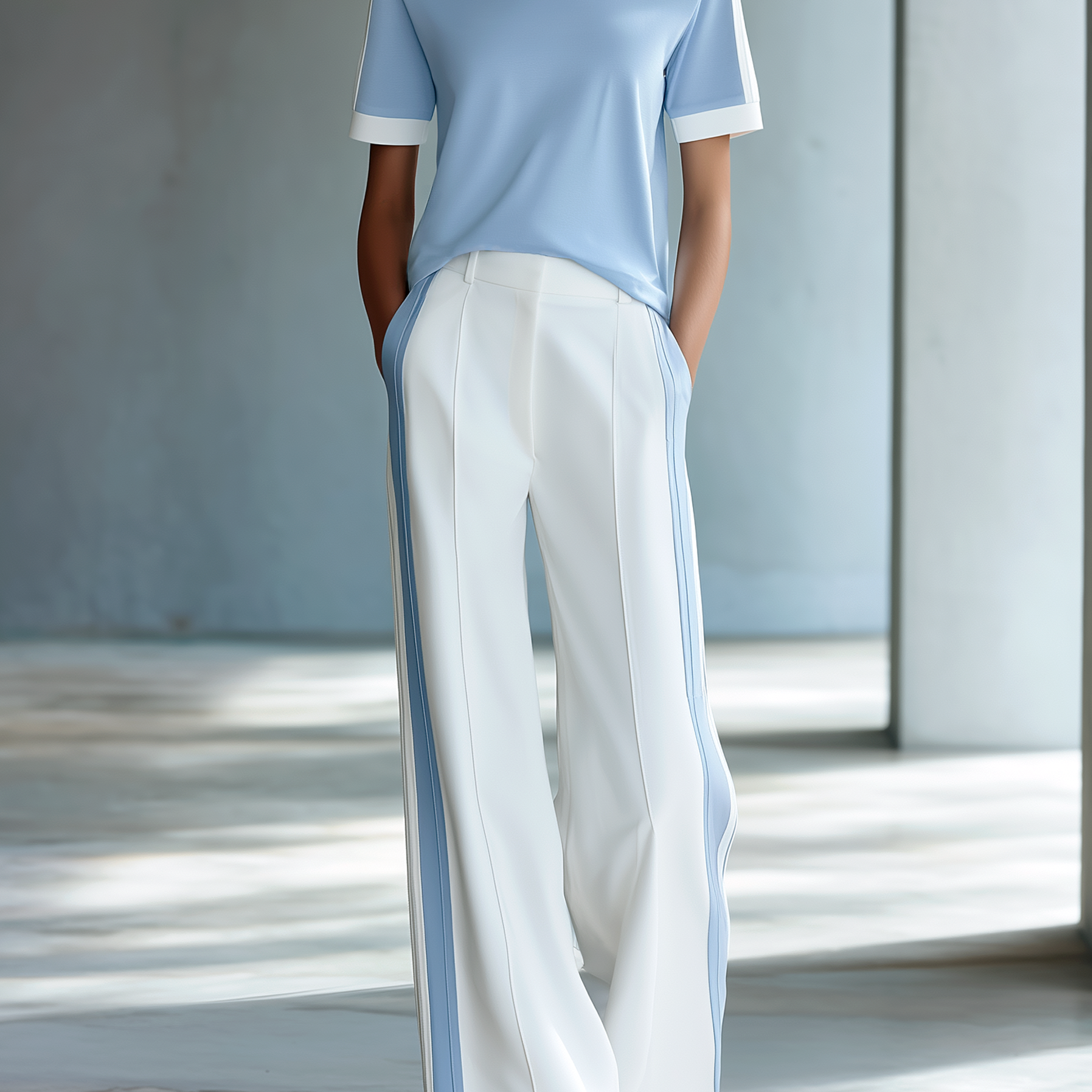 Commuter-Style Light Blue Crew Neck Top With Contrast Trim & White Wide-Leg Pants Set