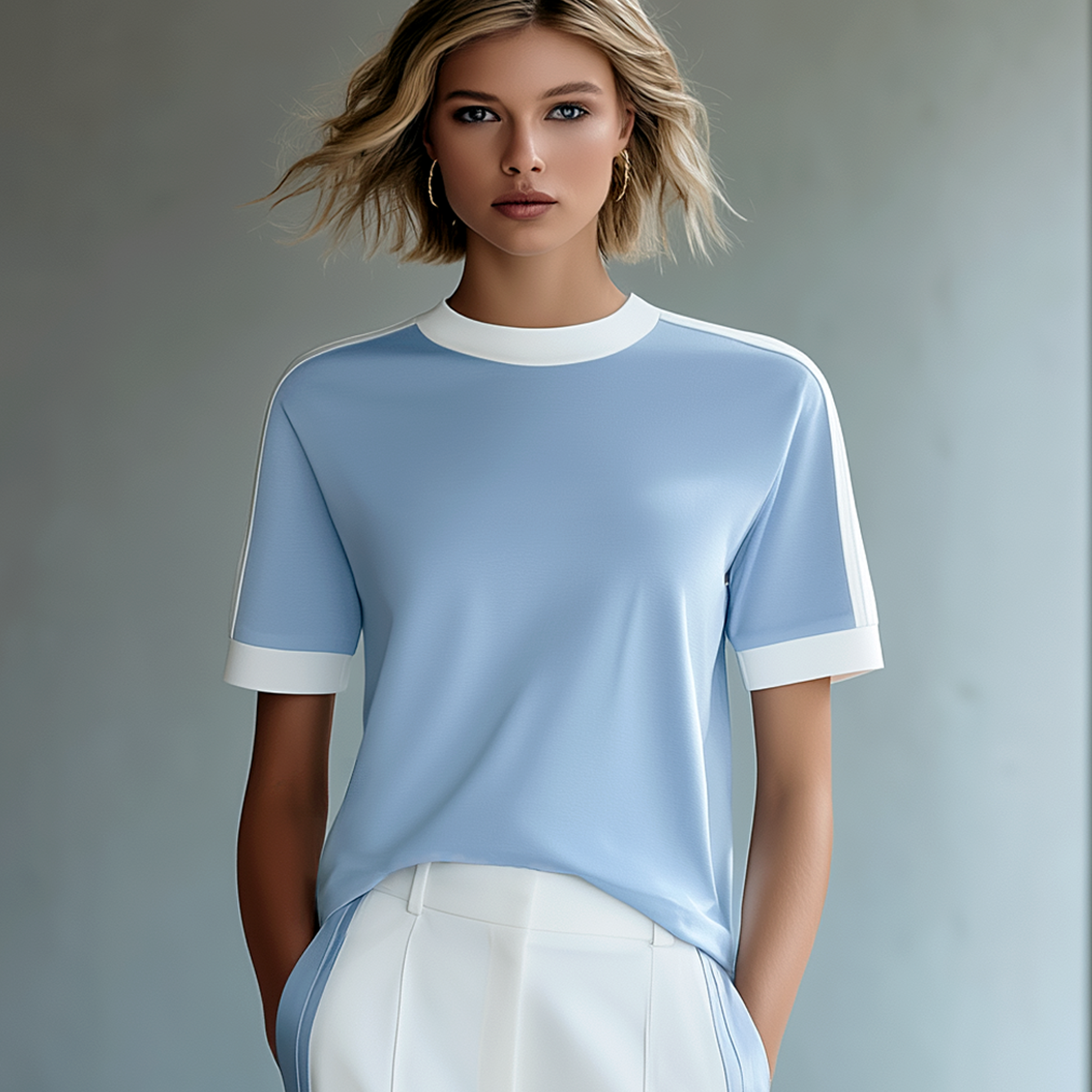Light Blue Casual Short-Sleeve T-Shirt With Side Stripe Paneling