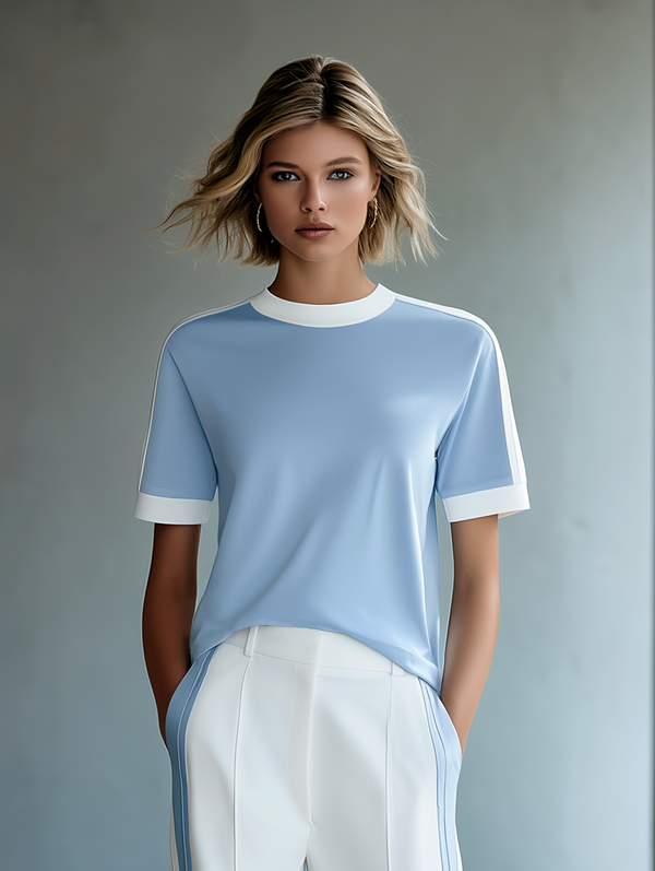 Commuter-Style Light Blue Crew Neck Top With Contrast Trim & White Wide-Leg Pants Set