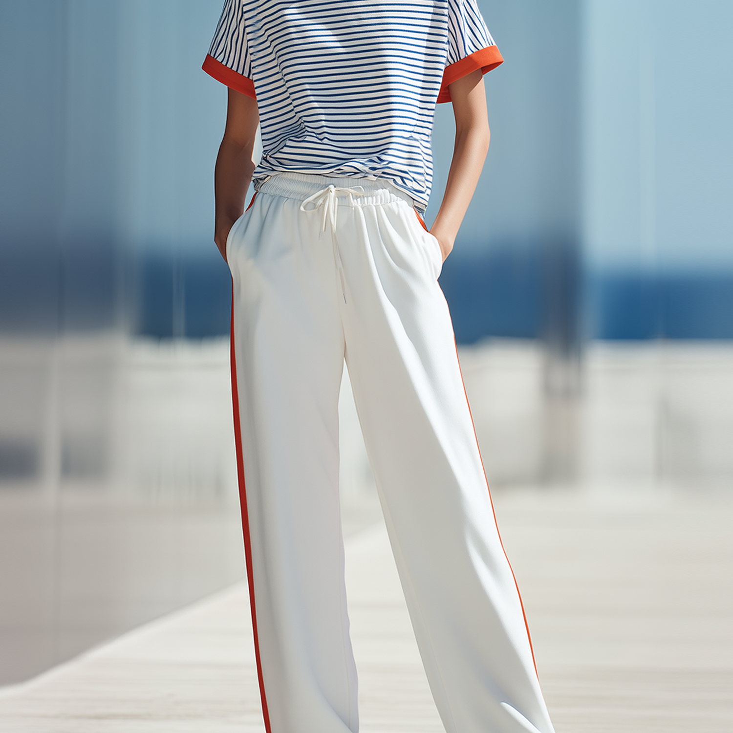 Color-block Striped T-shirt With Orange Piping And Side-stripe Wide-leg Pants Set