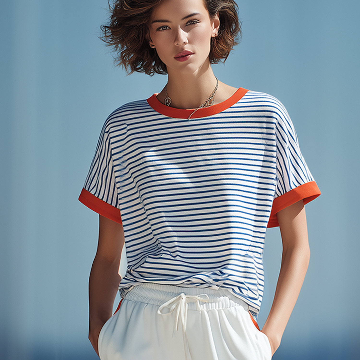 Blue And White Striped Color-block Crew-neck Short-sleeve Top