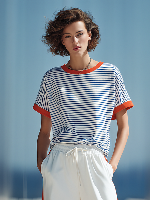 Blue And White Striped Color-block Crew-neck Short-sleeve Top