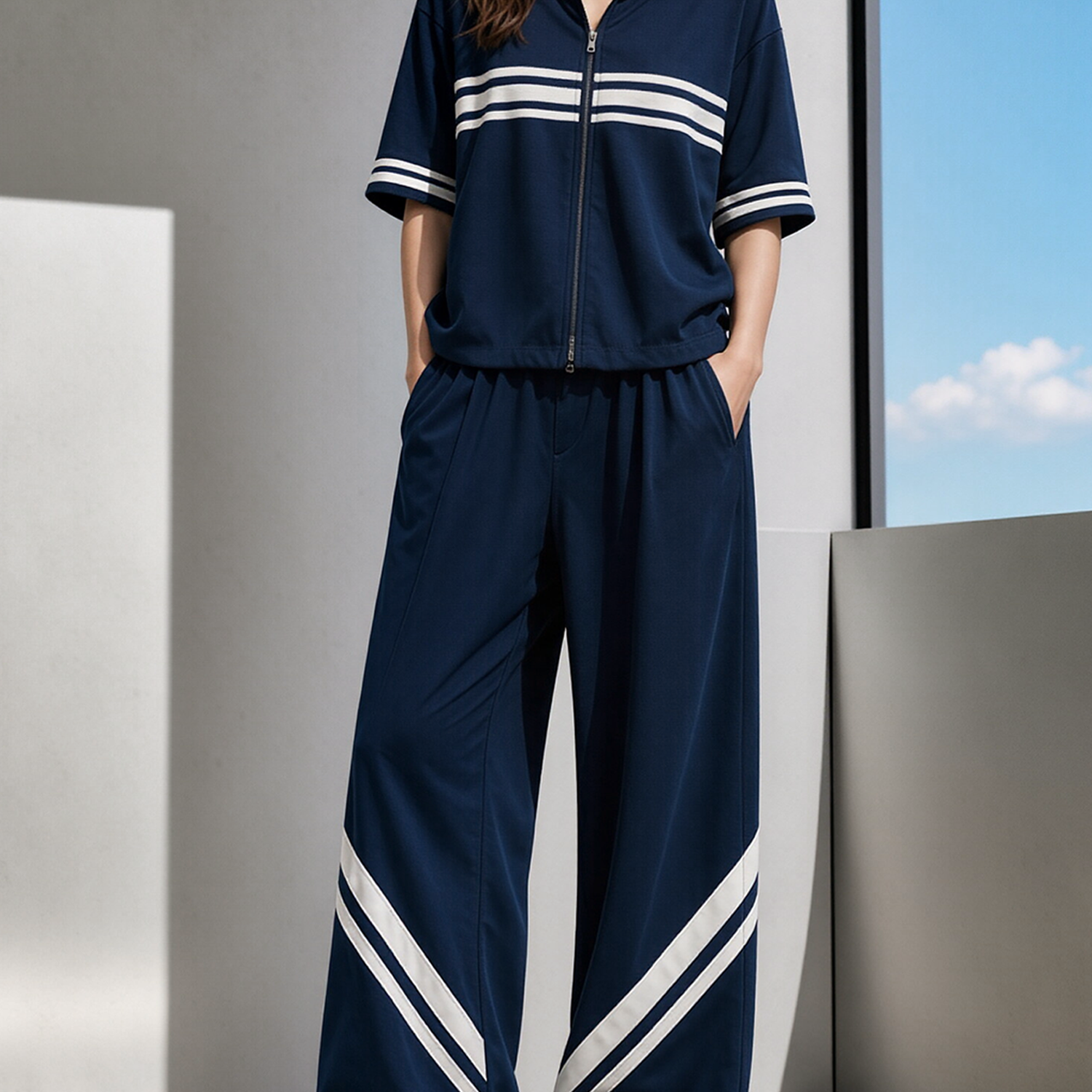 Navy Color-block Double-zip Top And Side-stripe Wide-leg Pants Set