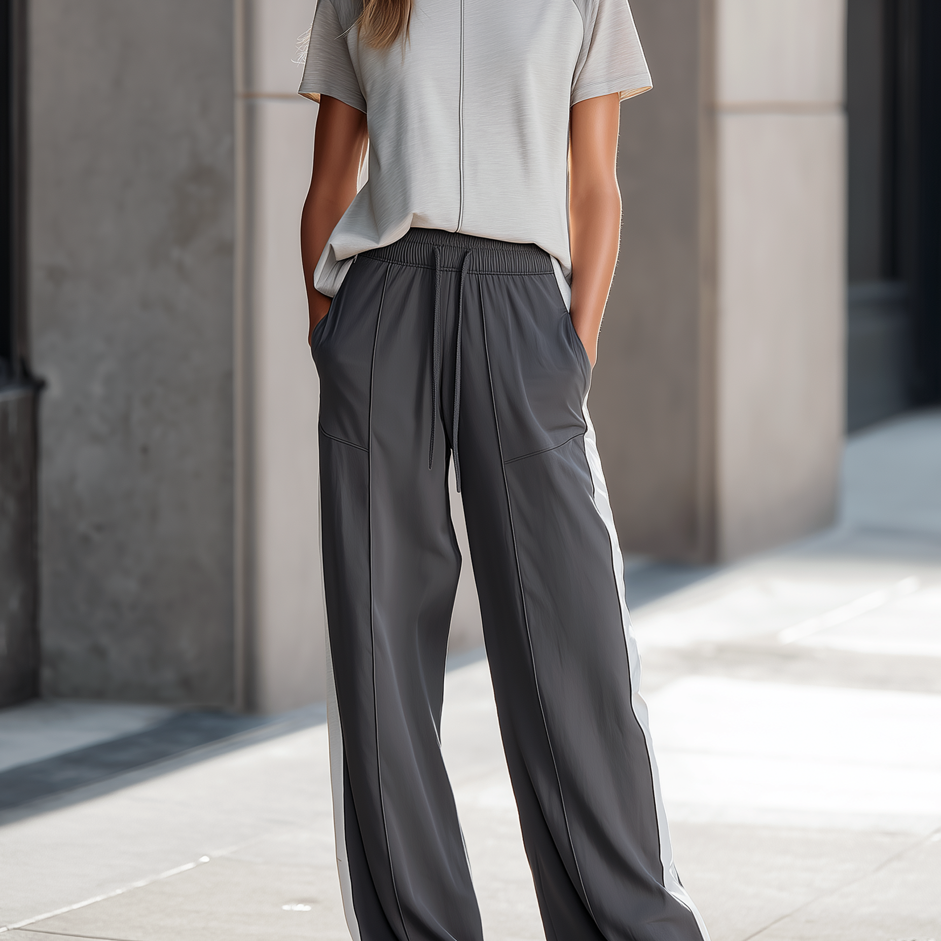 Light Gray Short-sleeve T-shirt And Wide-leg Trousers Set