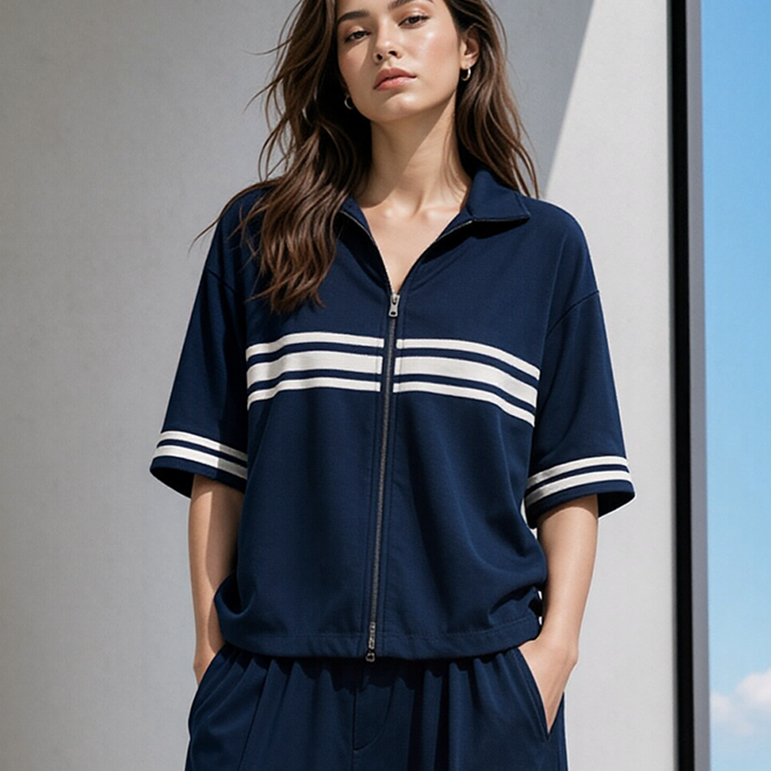 Navy And White Horizontal-stripe Full-zip Short-sleeve Jacket With A Collar