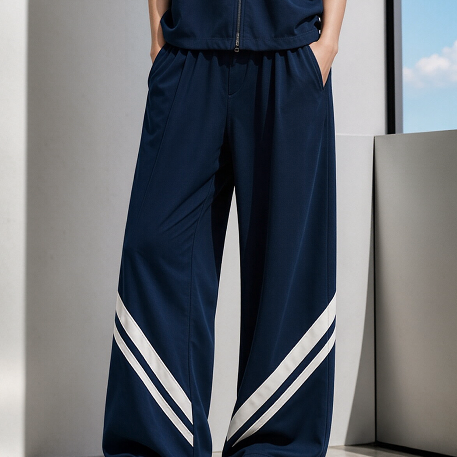 Navy Blue Wide-leg Trouser Set With Contrasting Diagonal White Stripes