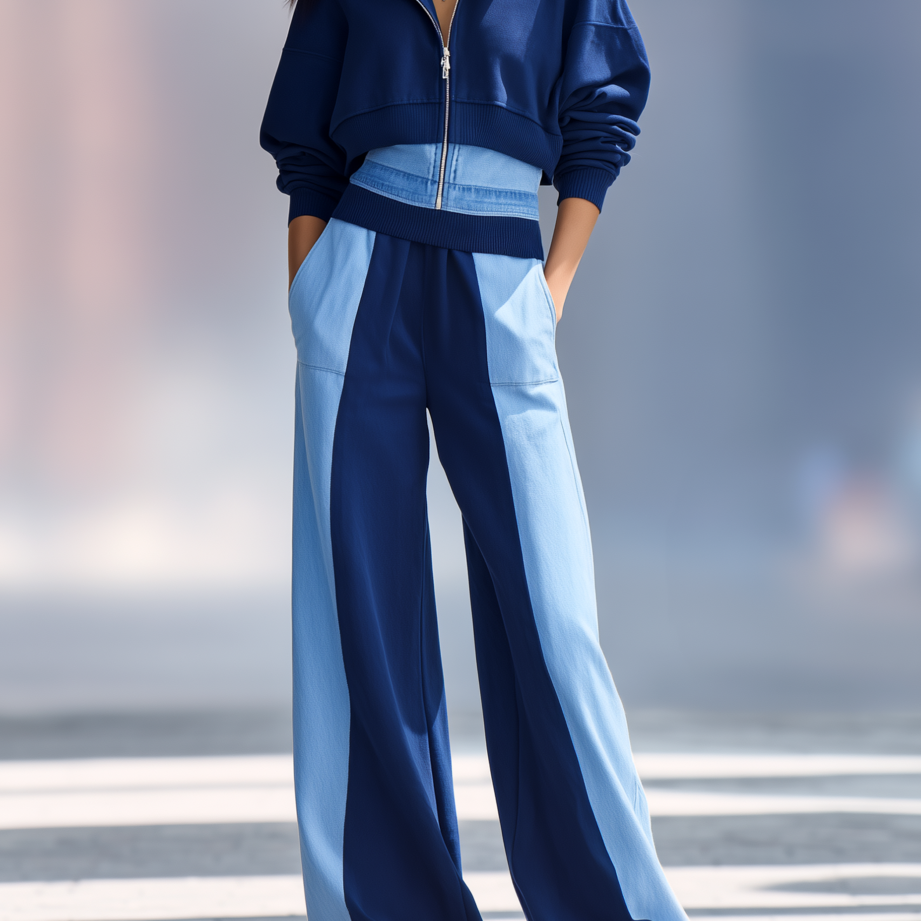 Faux-layered Denim-panel Zip-up Sweatshirt And Wide-leg Pants Set
