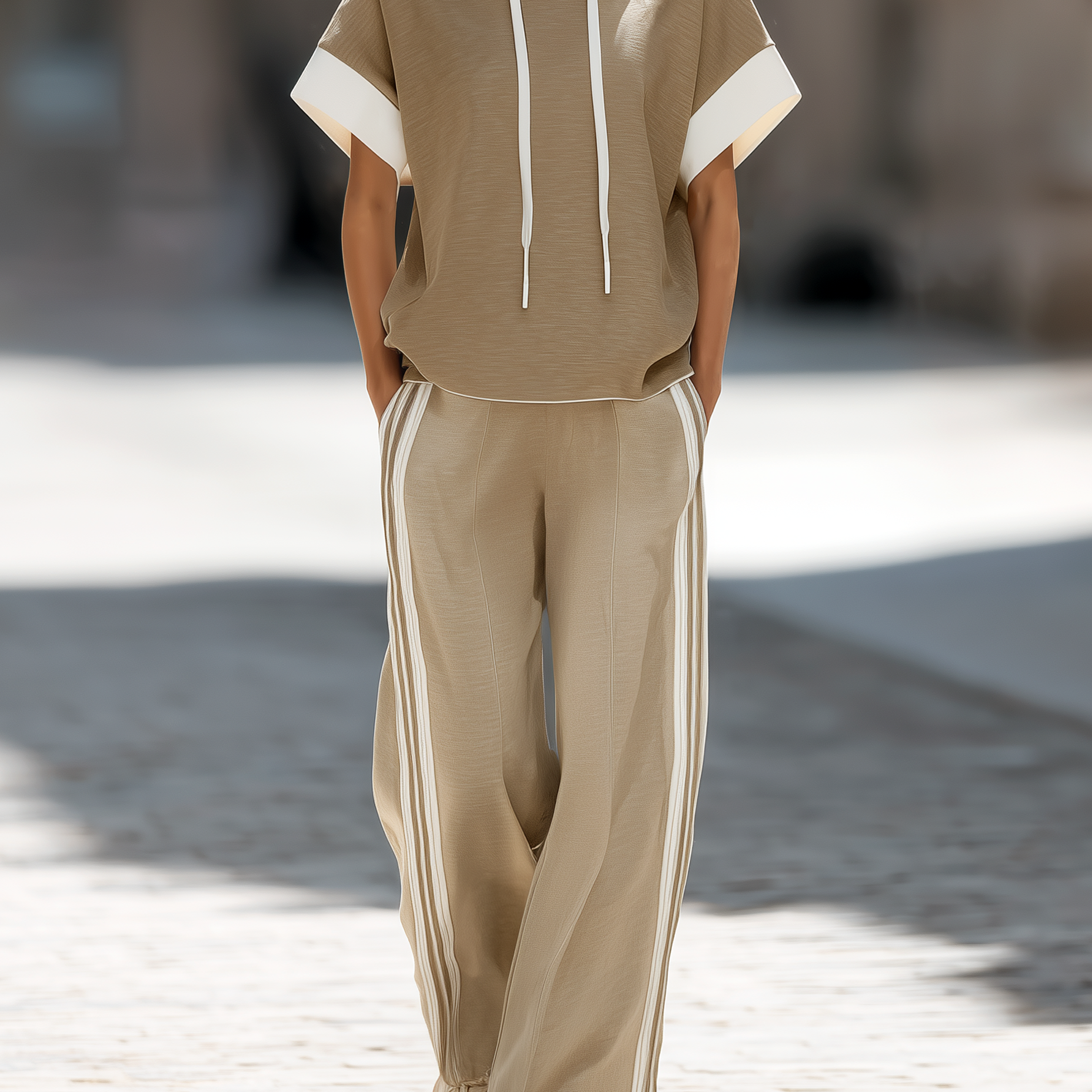 Khaki And White Short-Sleeve Hooded Top And Wide-Leg Pants Set