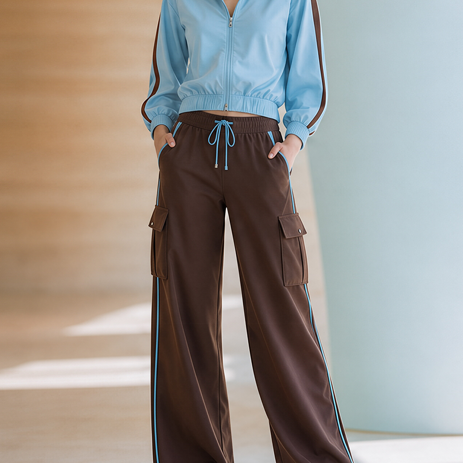 Light Blue Color-block Zip-up Jacket And Multi-pocket Wide-leg Cargo Pants Set