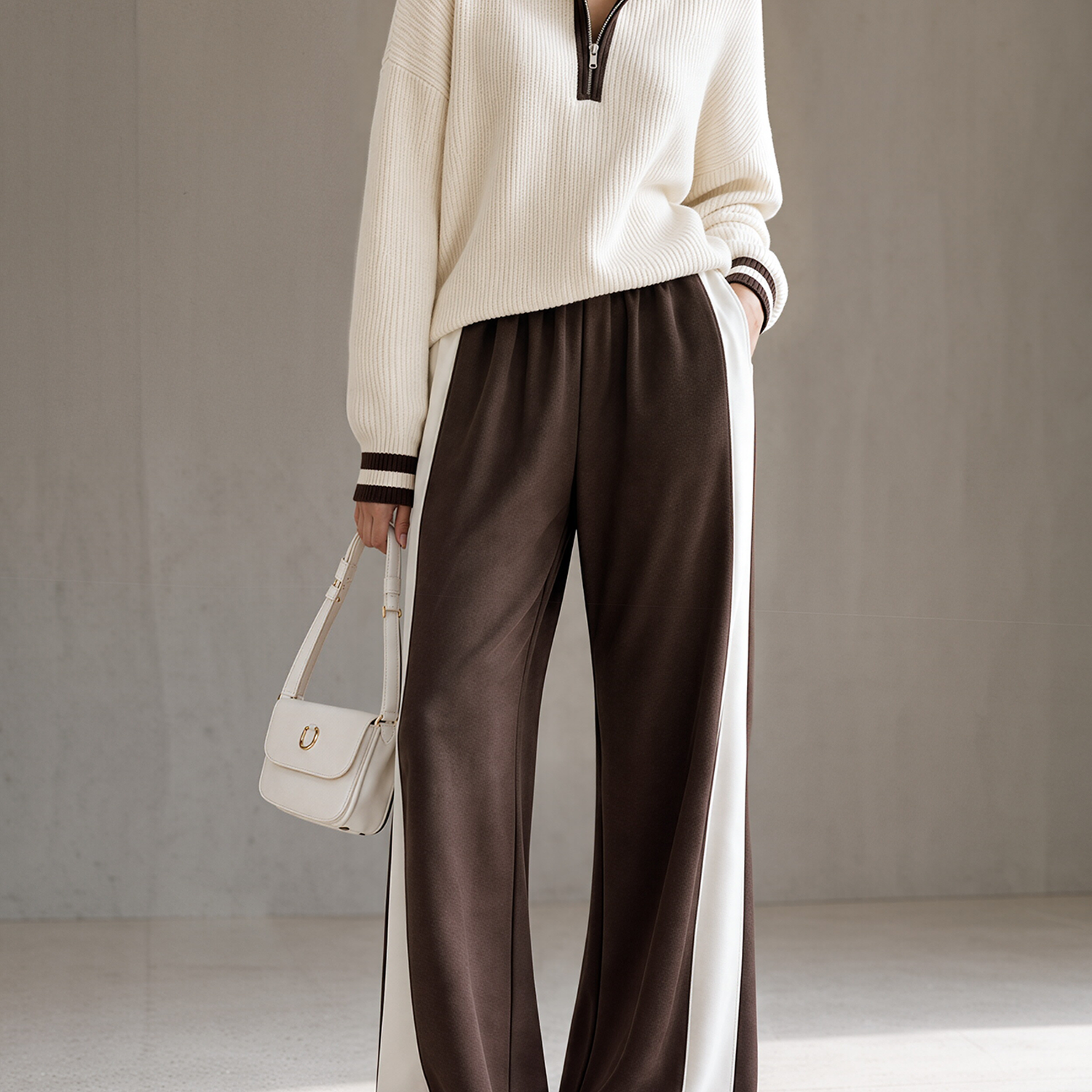 Off-white Color-block Half-zip Knit Top And Wide-leg Sweatpants Set