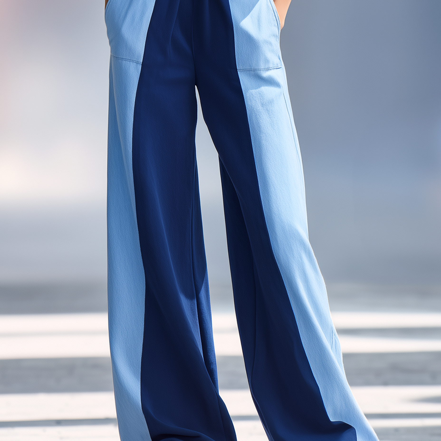 Washed Denim And Knit Paneled Wide-Leg Pants