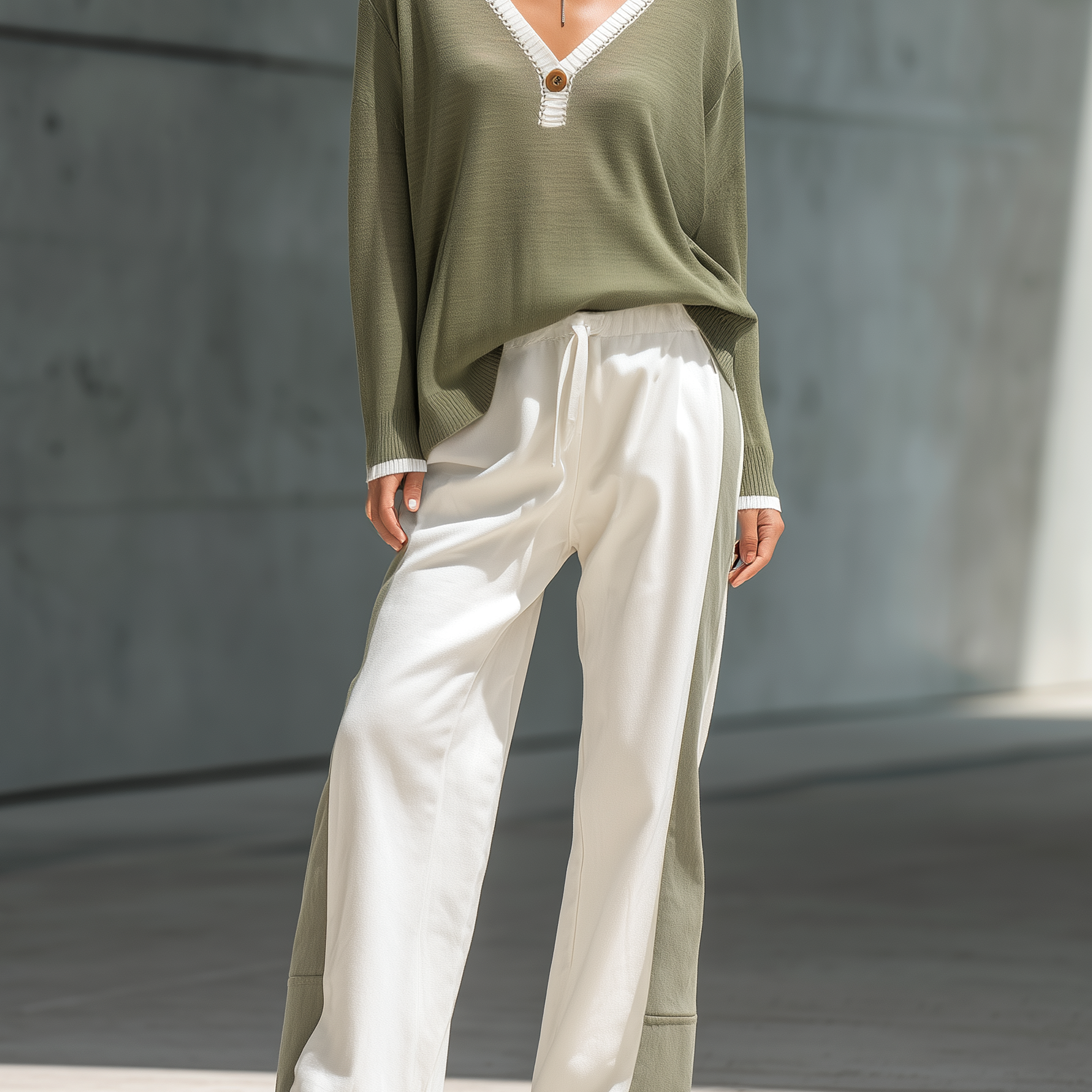 Olive Green Long-sleeved Knit Top And Color-block Trousers Set