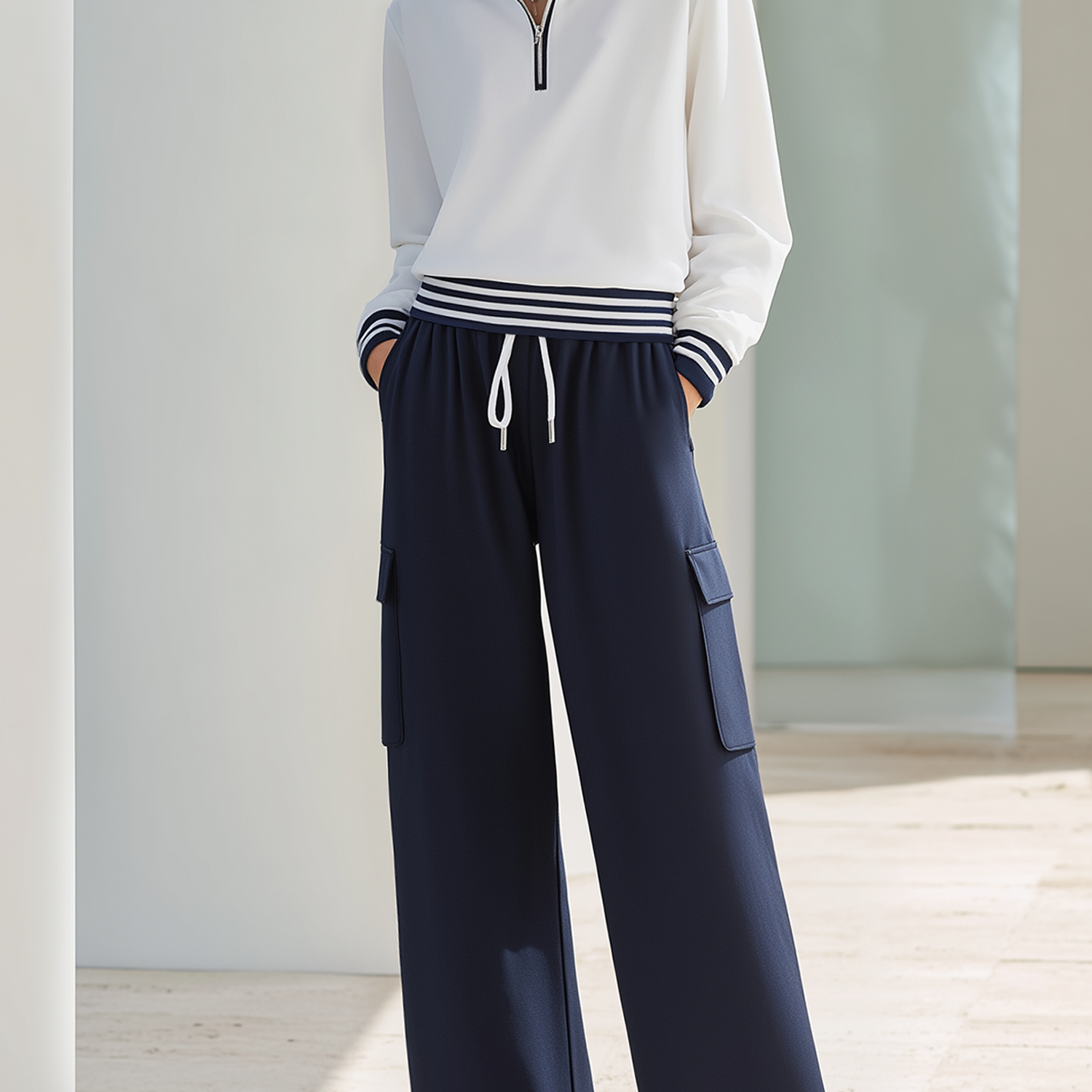 Navy Blue Color-block Half-zip Sweatshirt And Wide-leg Cargo Pants Set