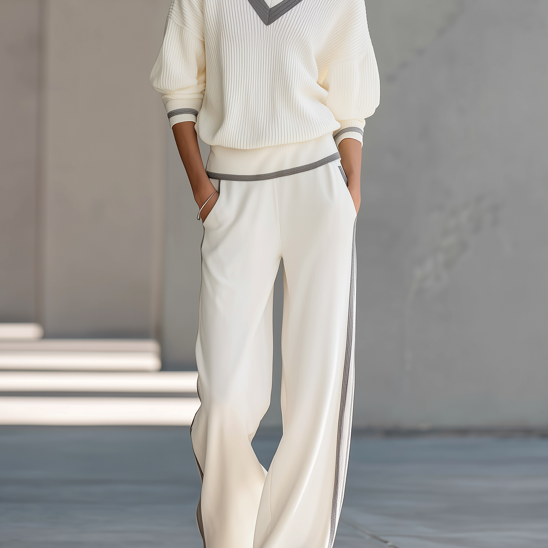 Off-white Ribbed Lantern-sleeve Knit Top And Wide-leg Pants Set