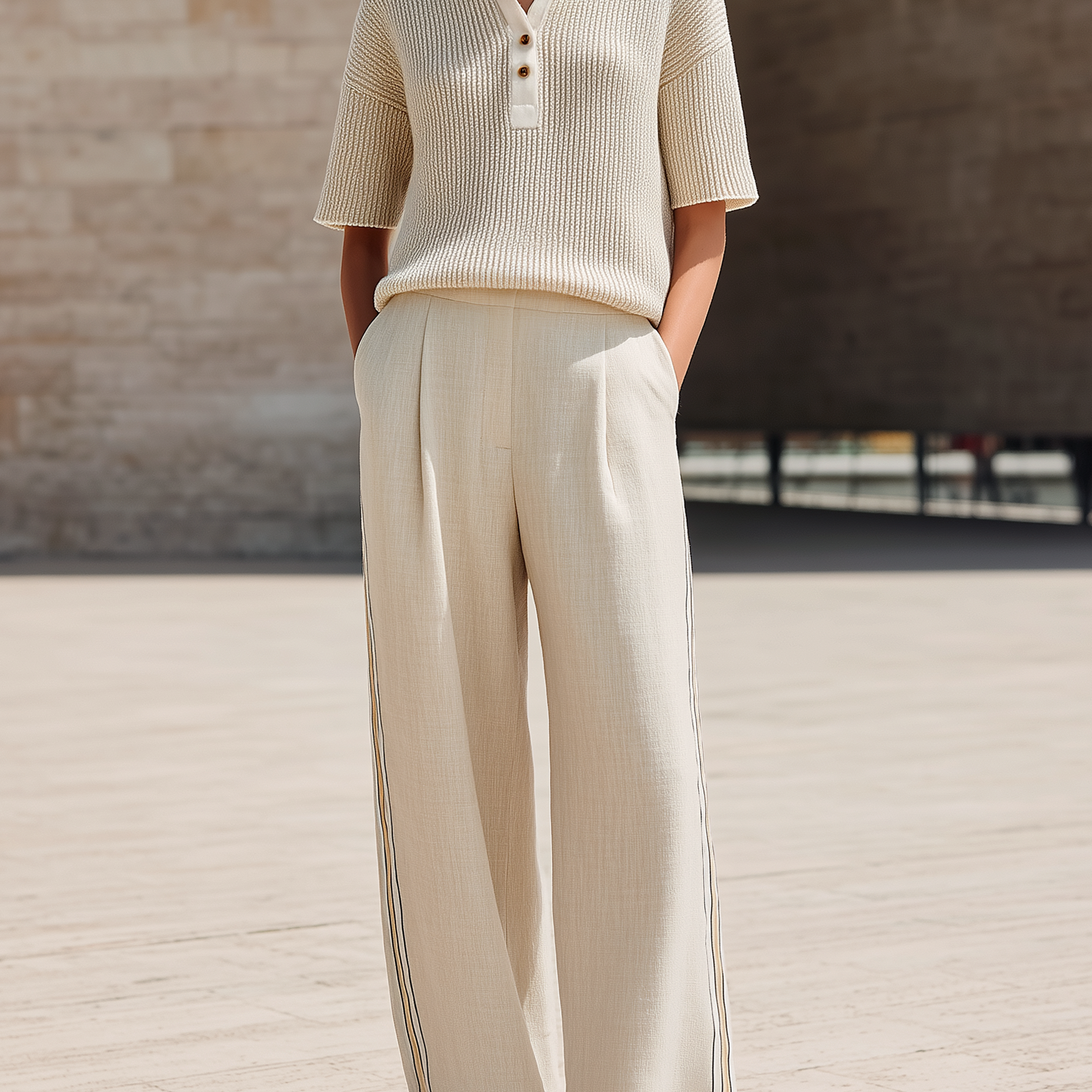 Beige Vertical-Stripe Knit Polo And Linen Wide-Leg Trousers Set