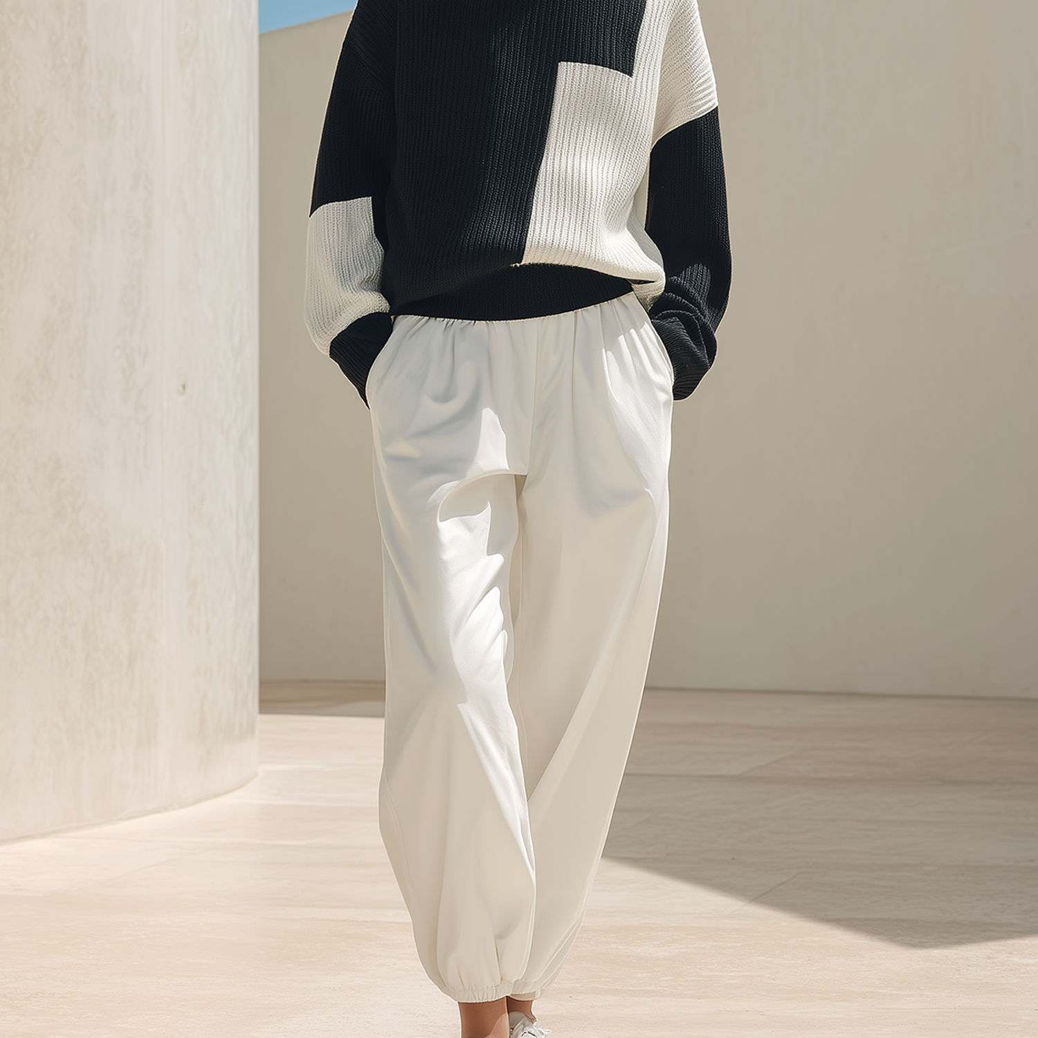 Black White Color Block Knit Crew Top & Jogger Pants Set