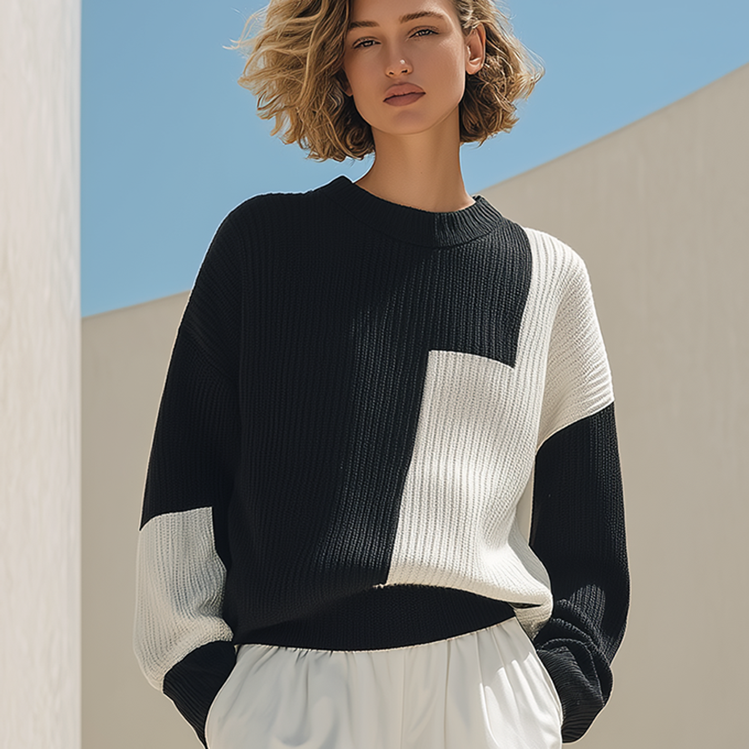 Stylish And Casual Black-and-white Color-block Crew-neck Sweater