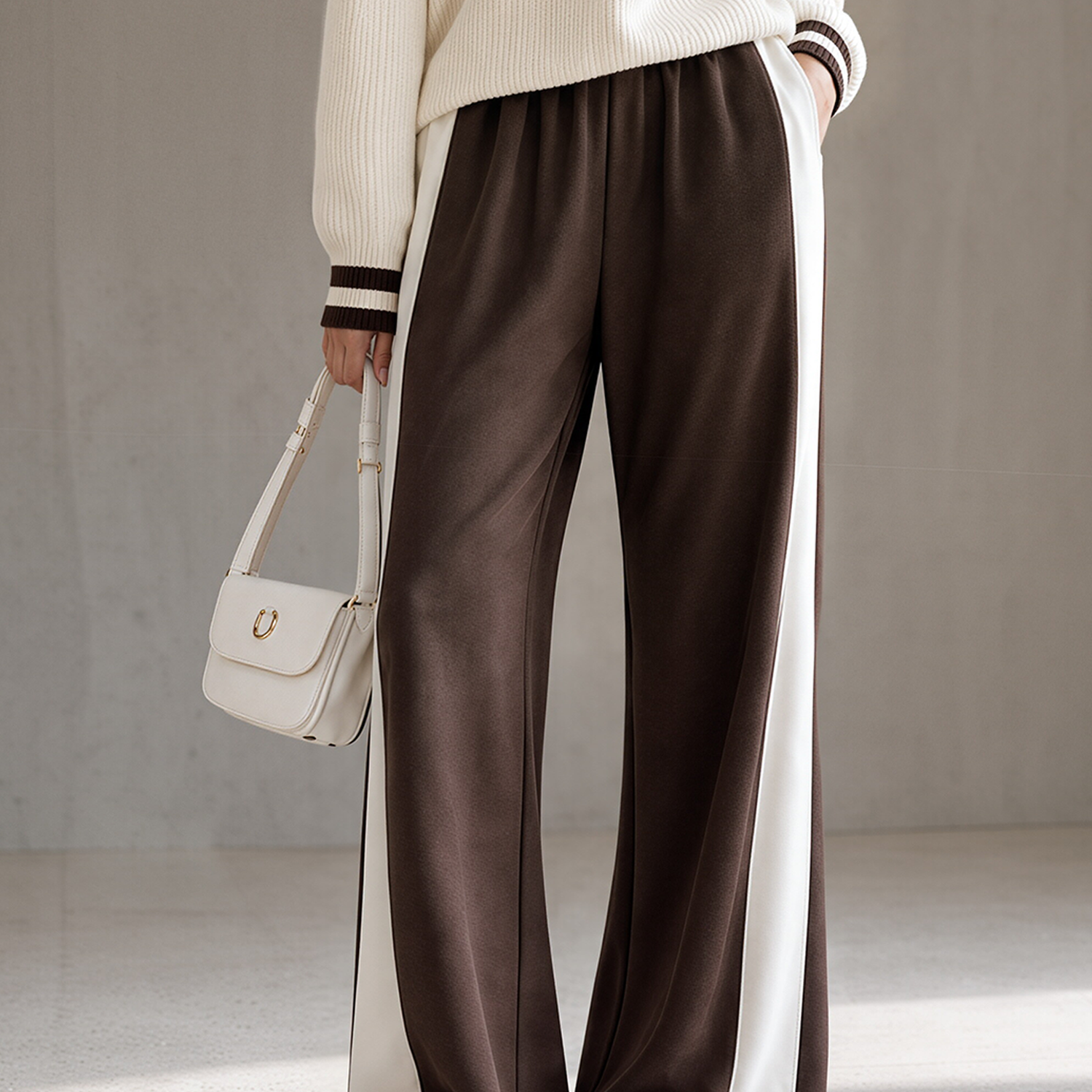 Stylish Casual Wide-Leg Pants In Brown With White Stripe Accents