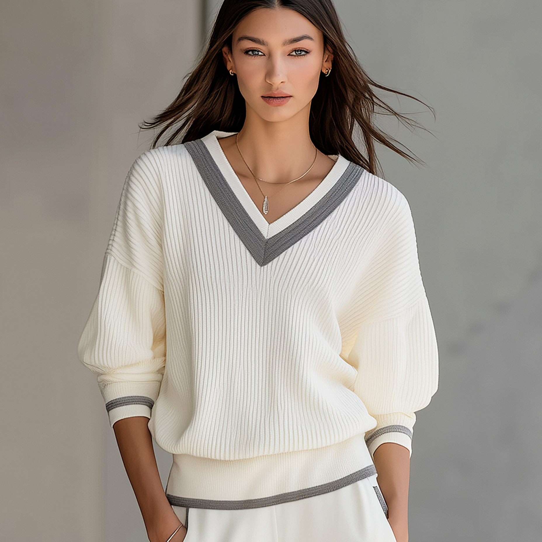 Minimalist V-neck Knit Top With Grey Paneling