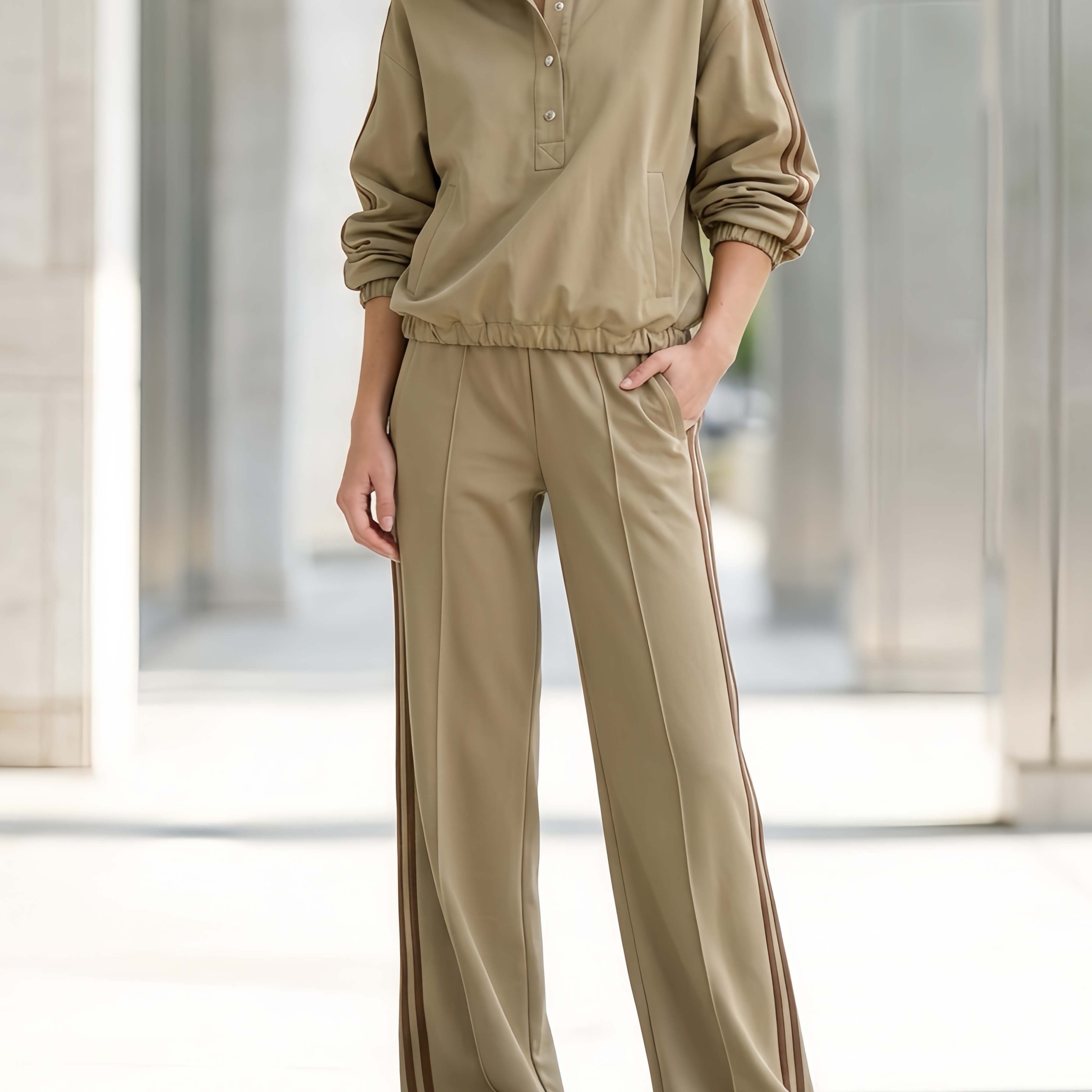 Minimalist Sporty Khaki Long-sleeve Mock-neck Top And Trousers Matching Set