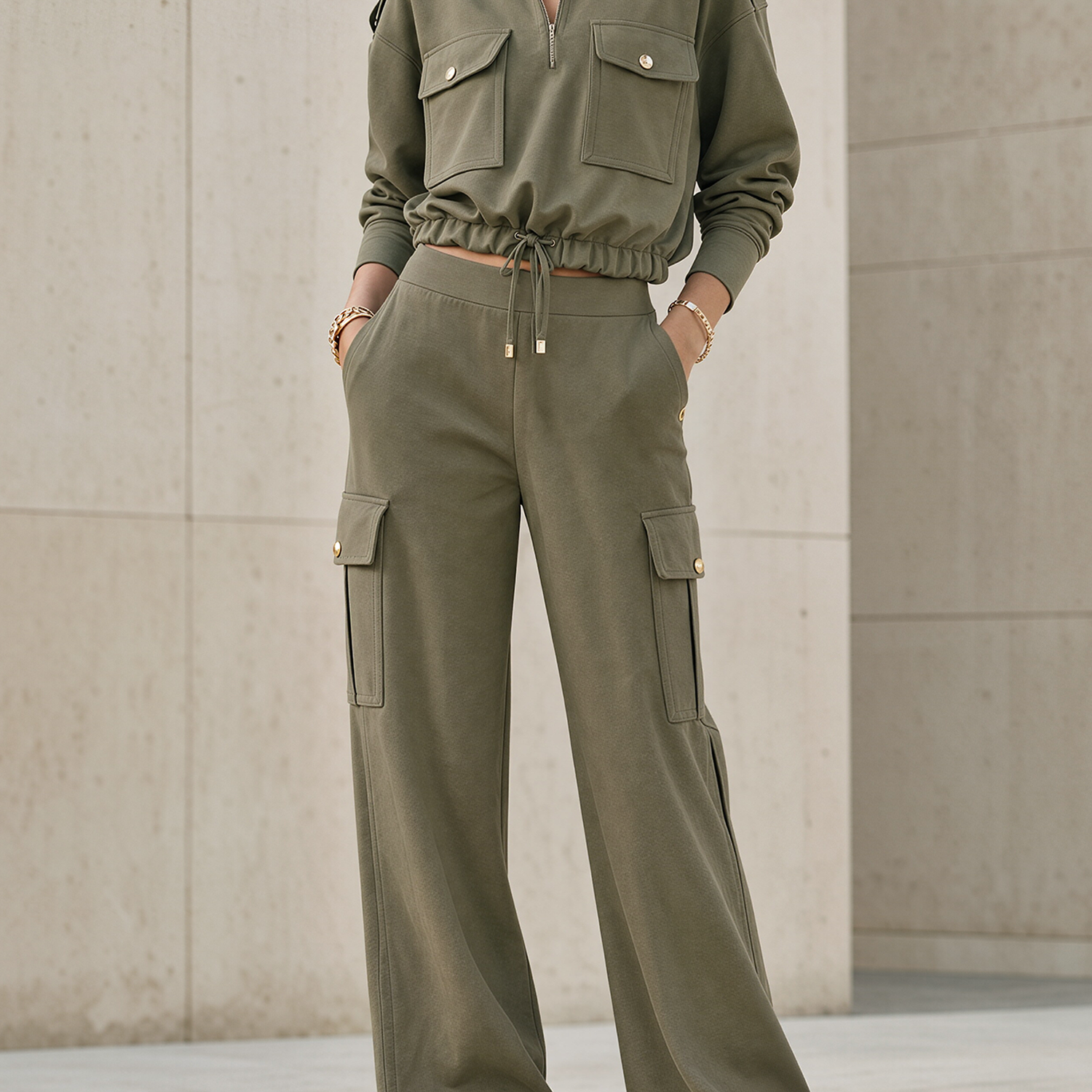 Olive Green Cargo Half-Zip Crop Top & Wide Leg Cargo Pants Set