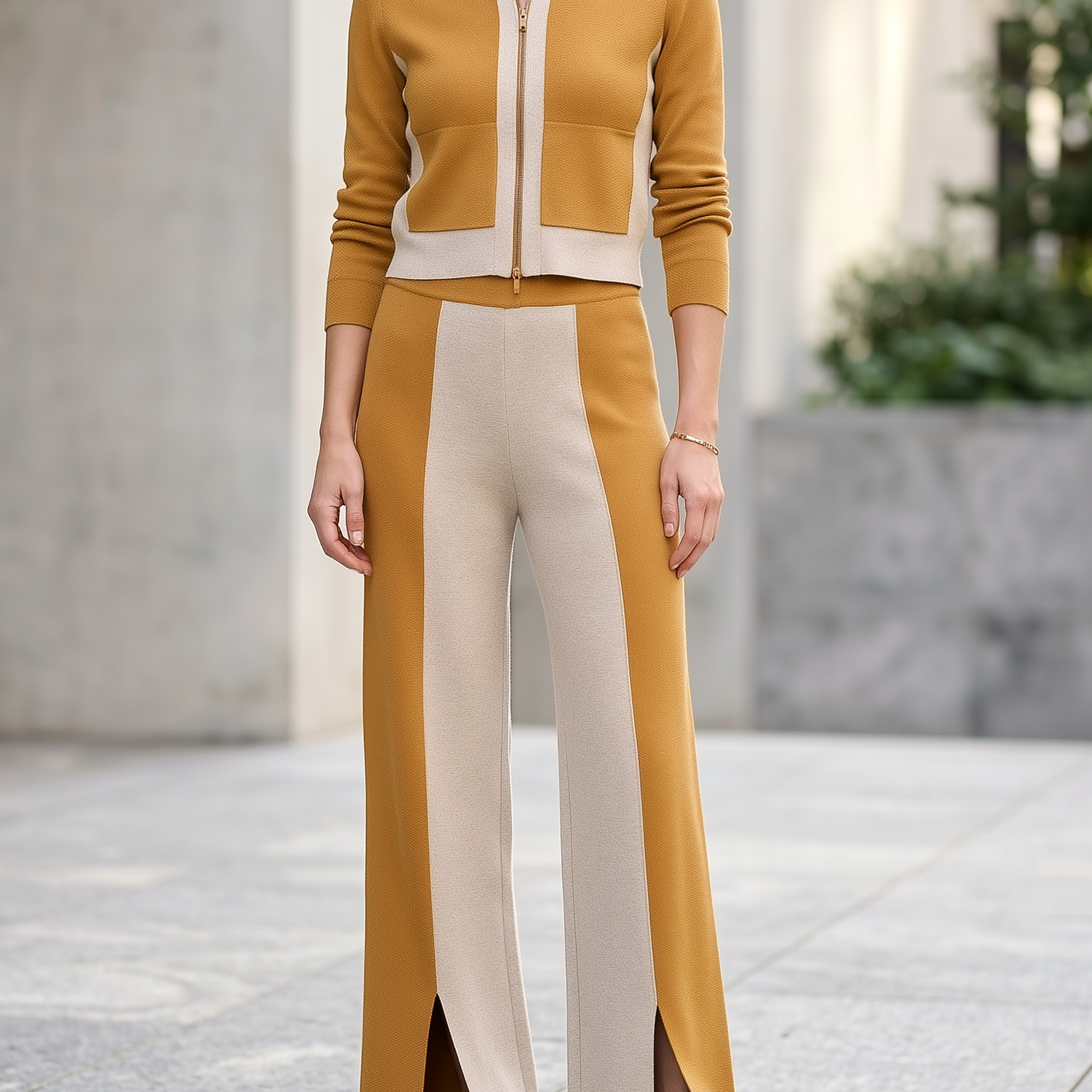 Women's Color-Block Zip-Up Jacket & Wide-Leg Pants Knit Set
