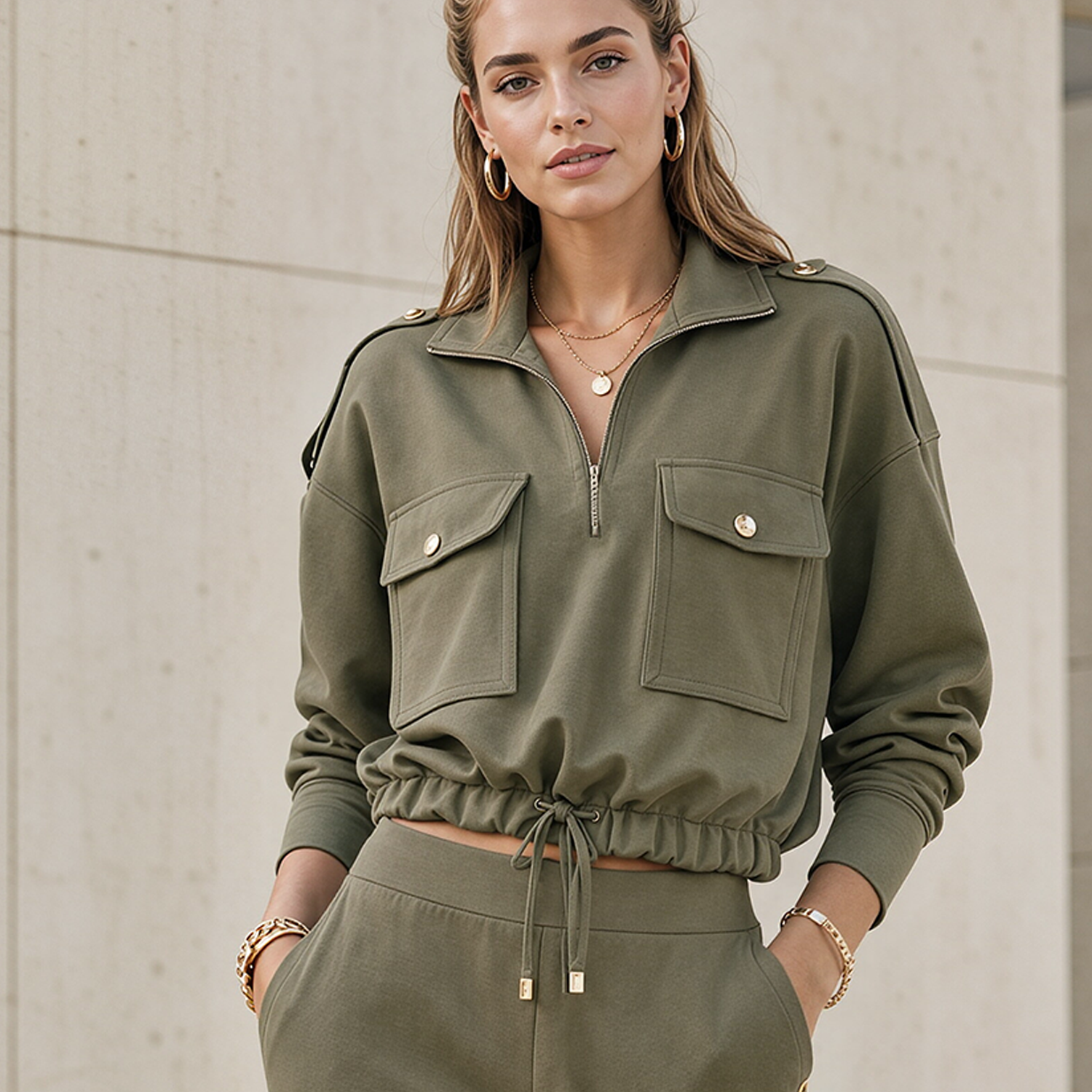 Olive Green Half-zip Collared Utility Crop Top With Drawstring