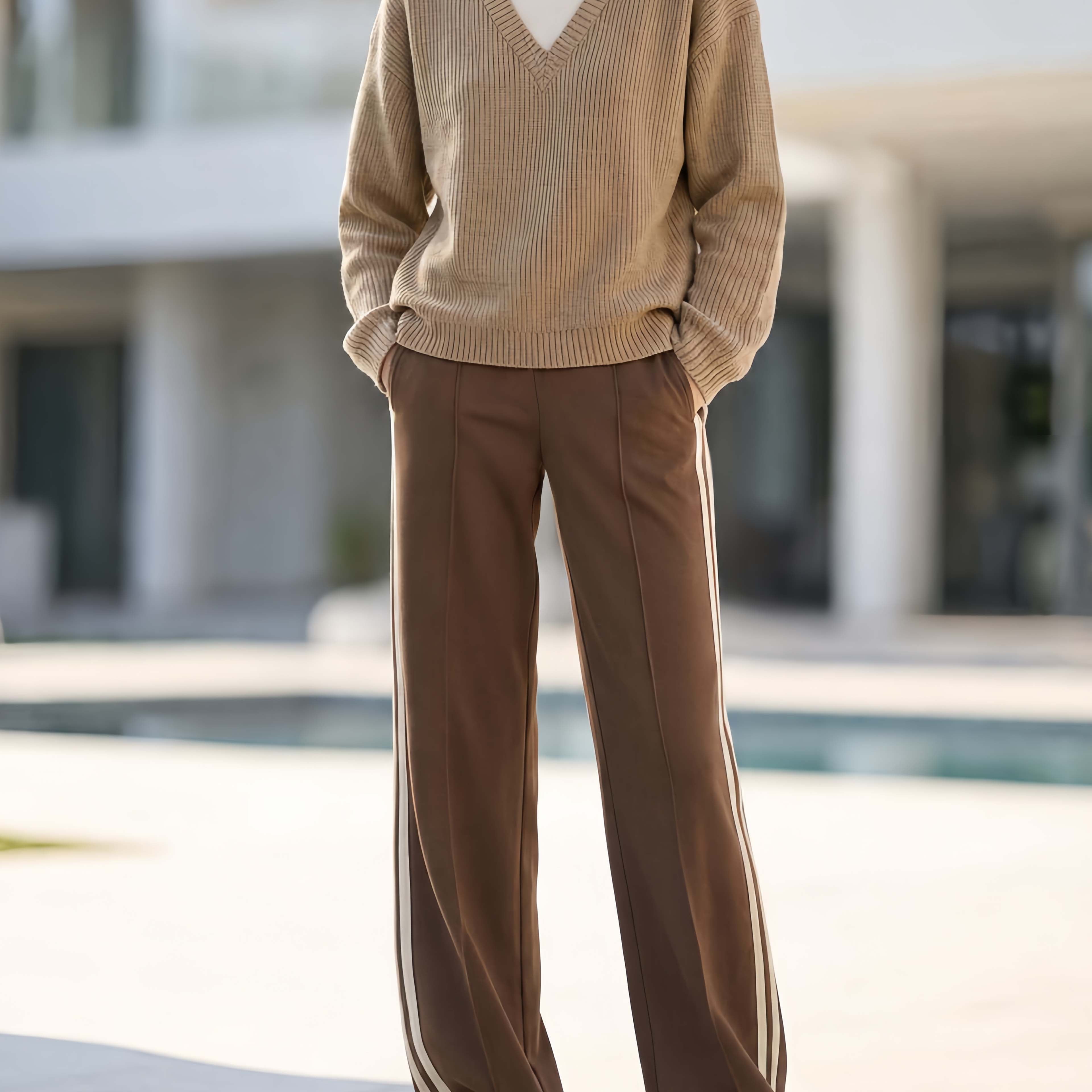 Casual-chic Coffee-colored Long-sleeve V-neck Sweater And Trousers Set