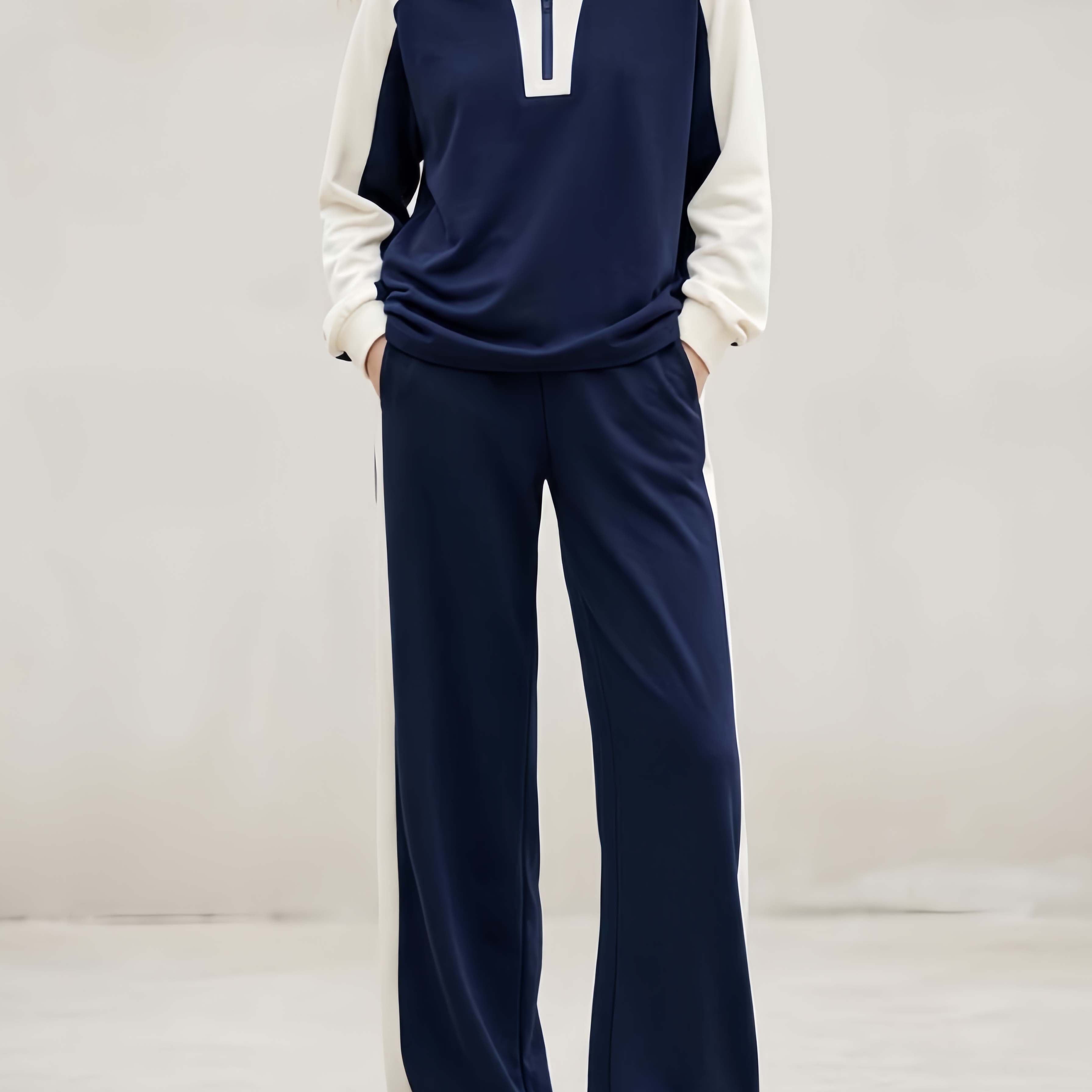 Stylish Sporty Navy Color-block Collared Long-sleeve Top And Trousers Set
