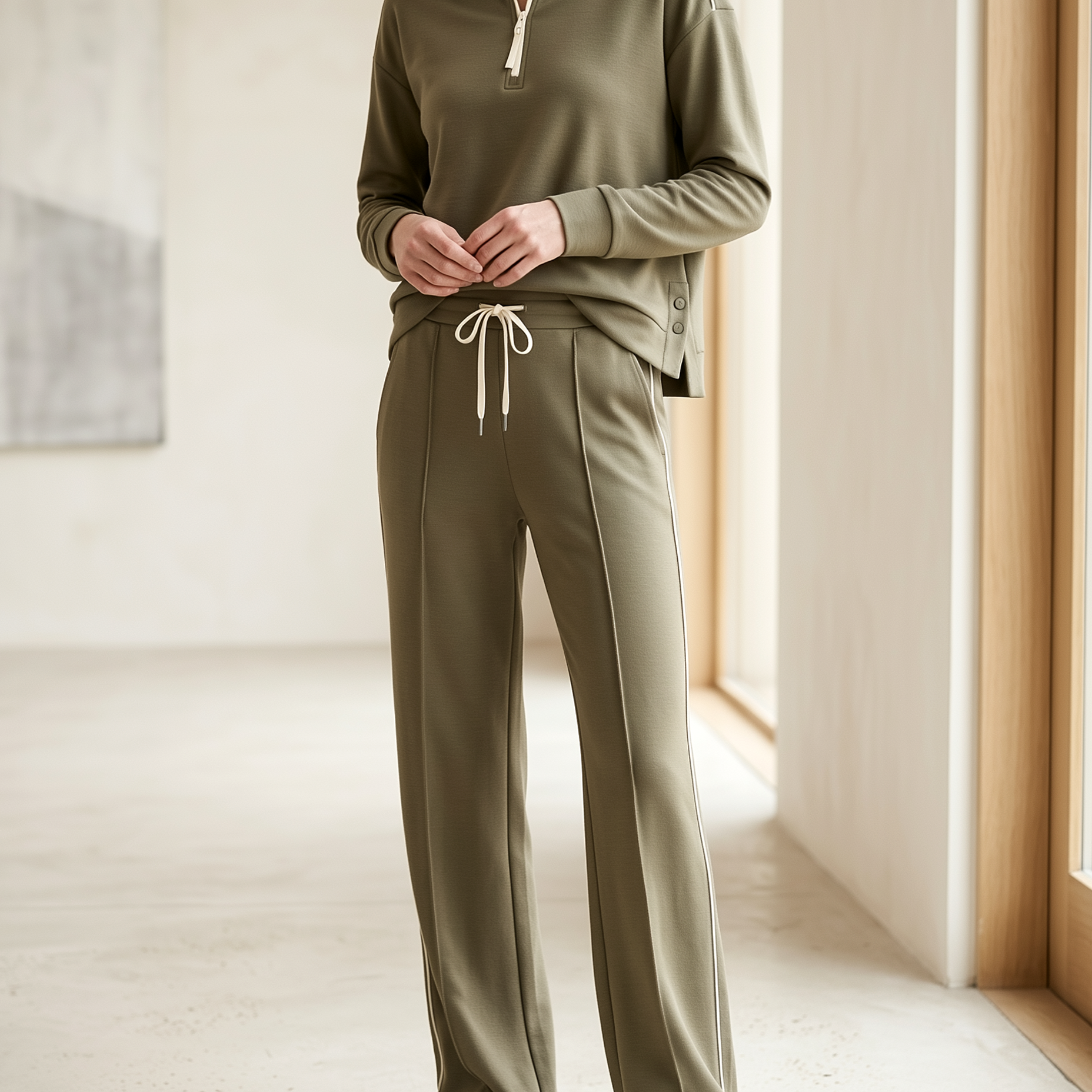 Deep Olive Green Half-Zip Slit Sweatshirt And Wide-Leg Pants Set
