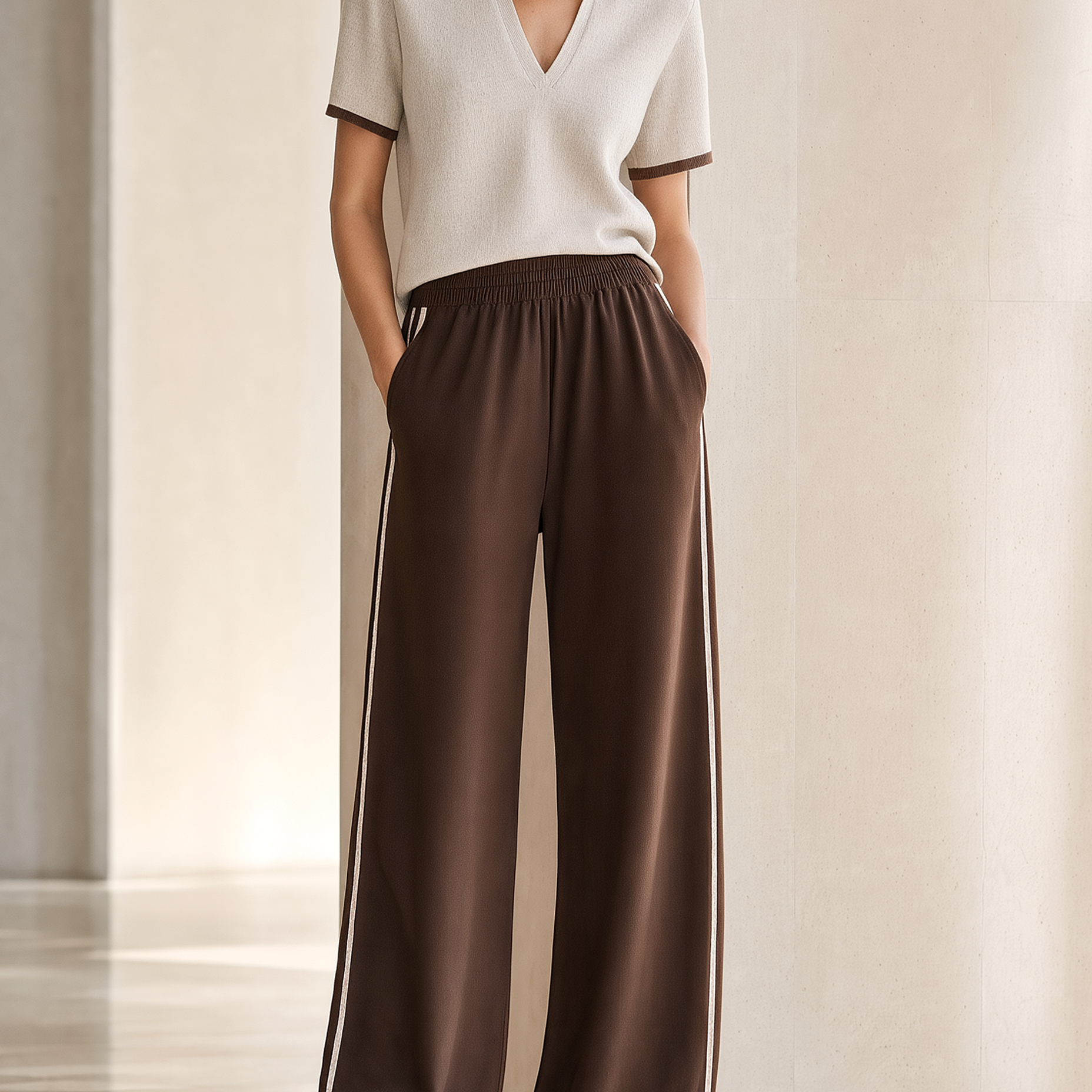 Beige Short-sleeved Polo And Dark Brown Wide-leg Trousers Set