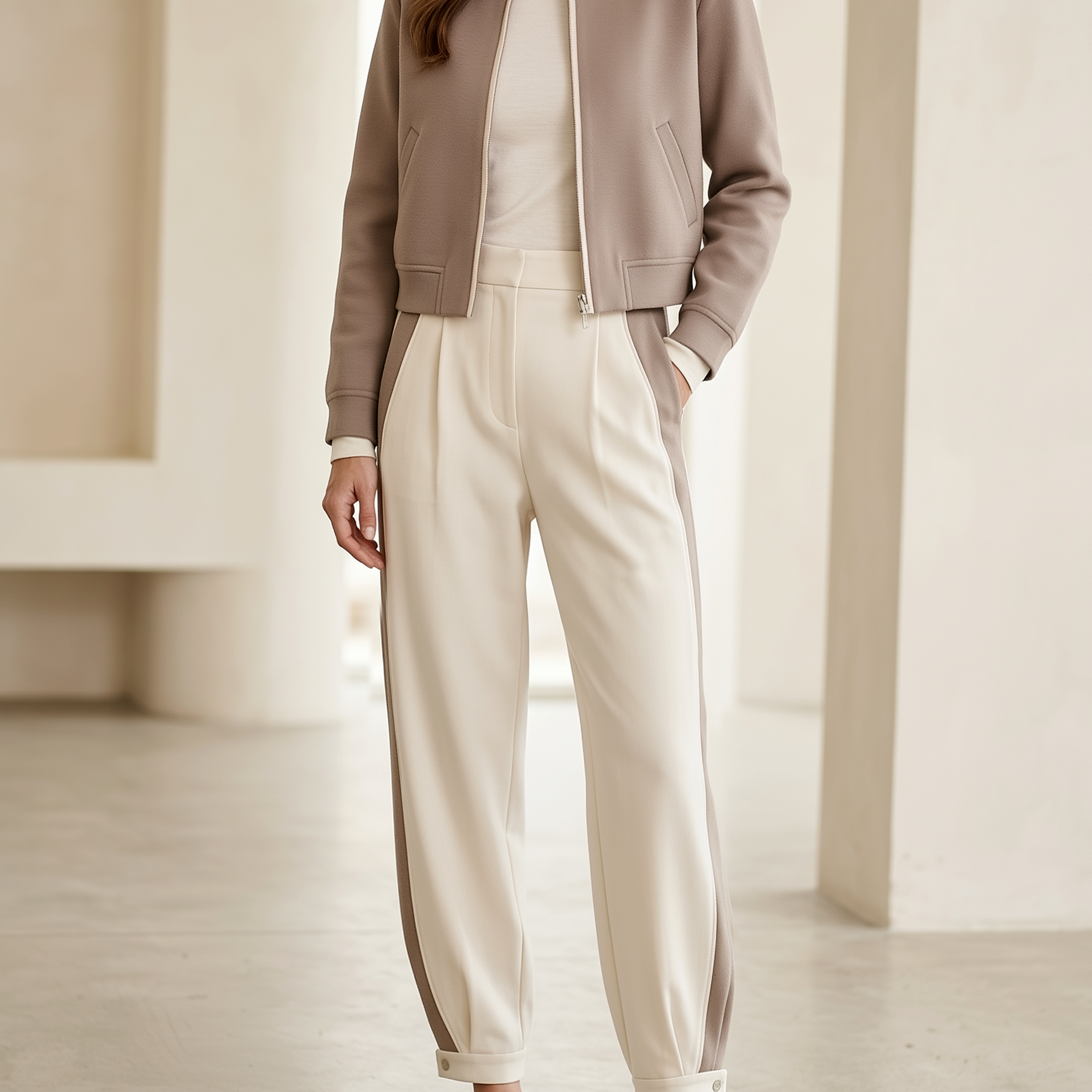 Light Brown Baseball Jacket And Cuffed Casual Trousers Set