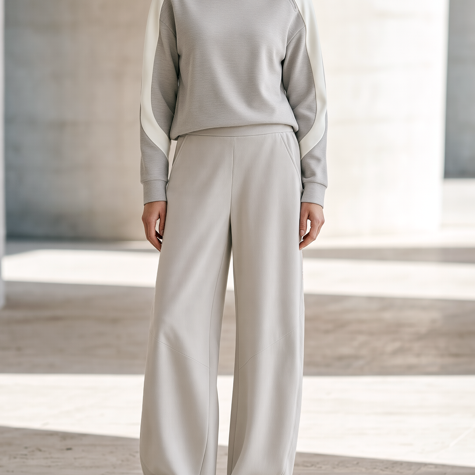 Light Gray Diagonal-zip Sweatshirt And Wide-leg Pants Set