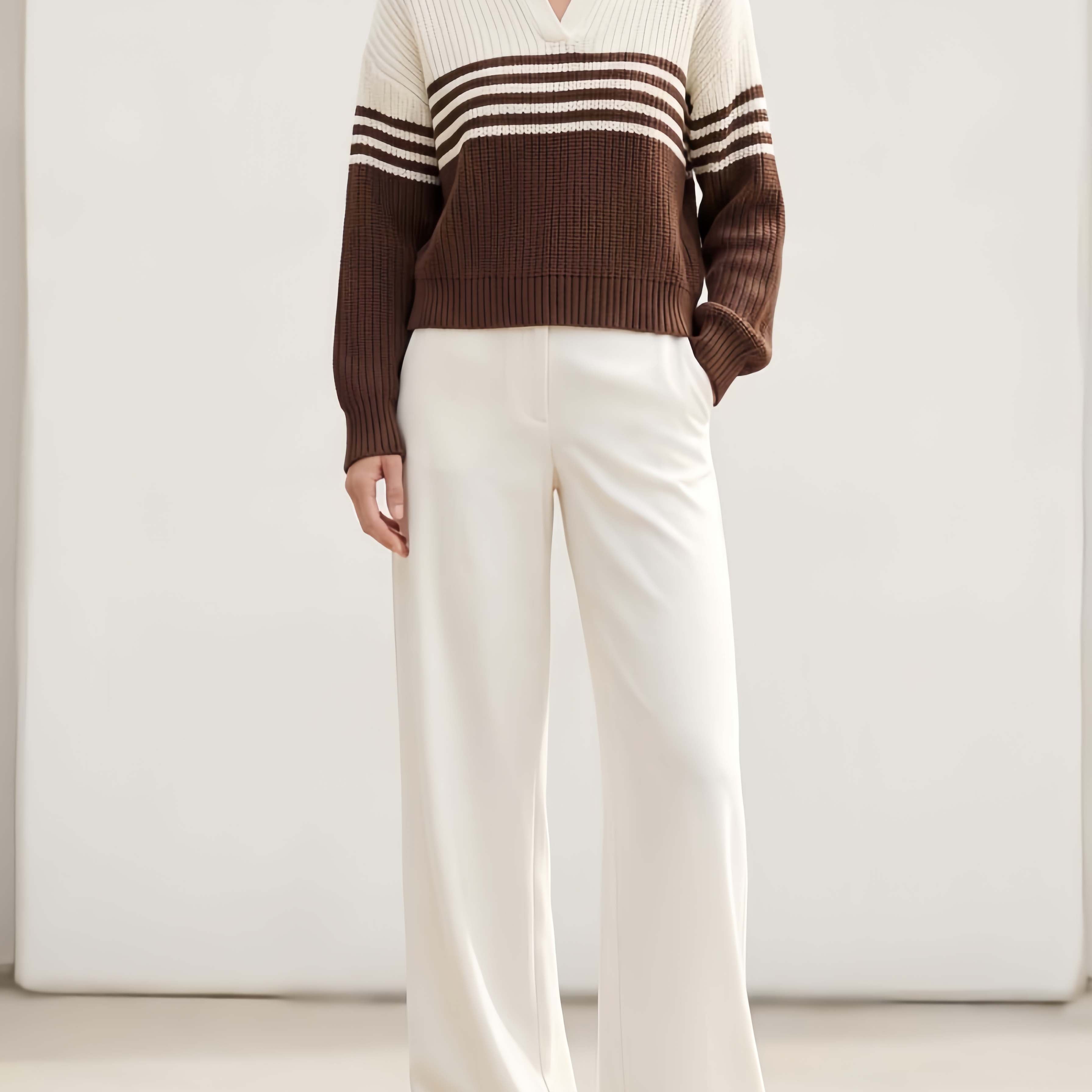 Casual Brown And Off-white Color-block Long-sleeve Collared Sweater And Trousers Set
