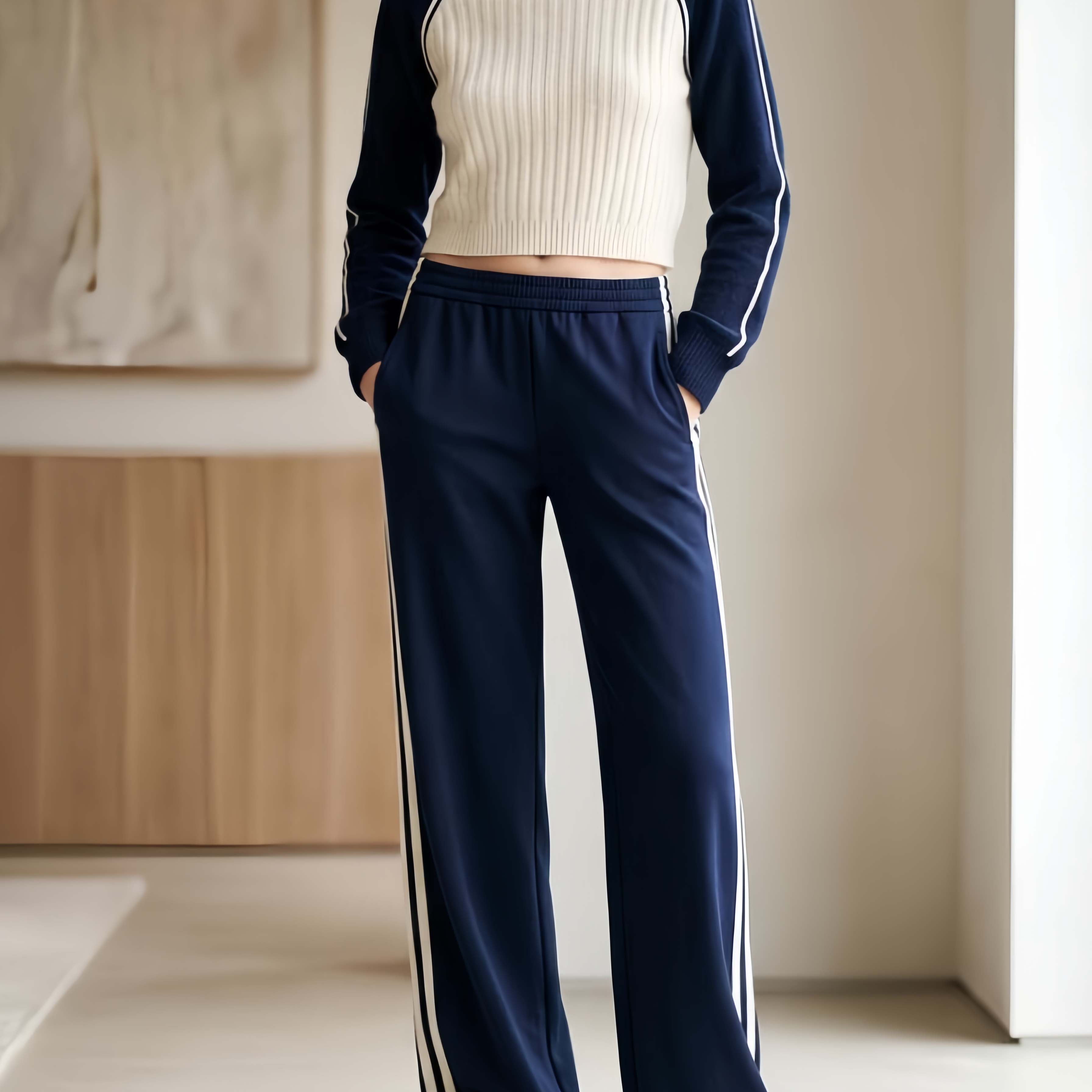 Stylish Casual Long-sleeved Top And Trousers Set In A Cream And Navy Color-block Design