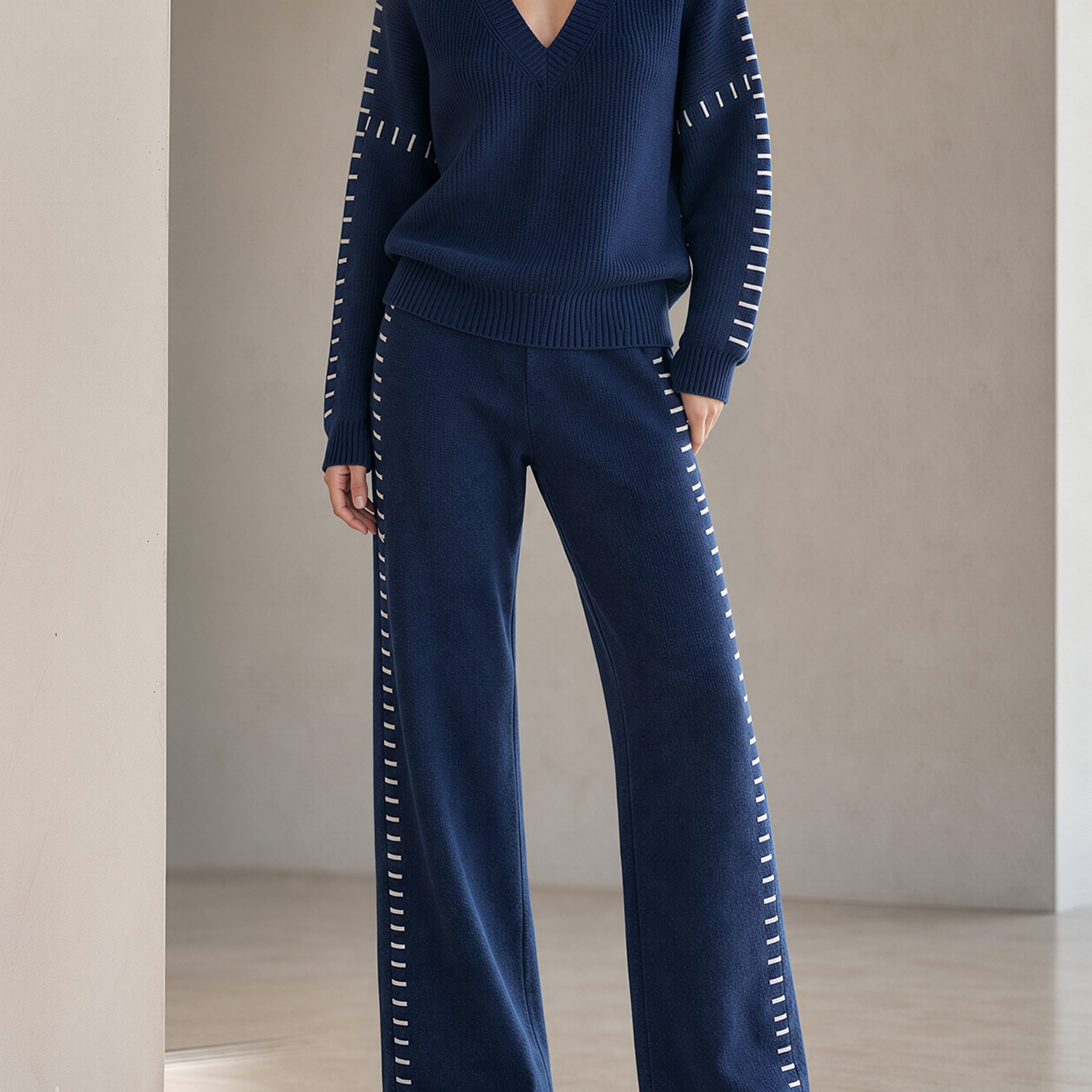 Navy White Stitch Detail V-Neck Knit Top & Wide-Leg Knit Pants Set