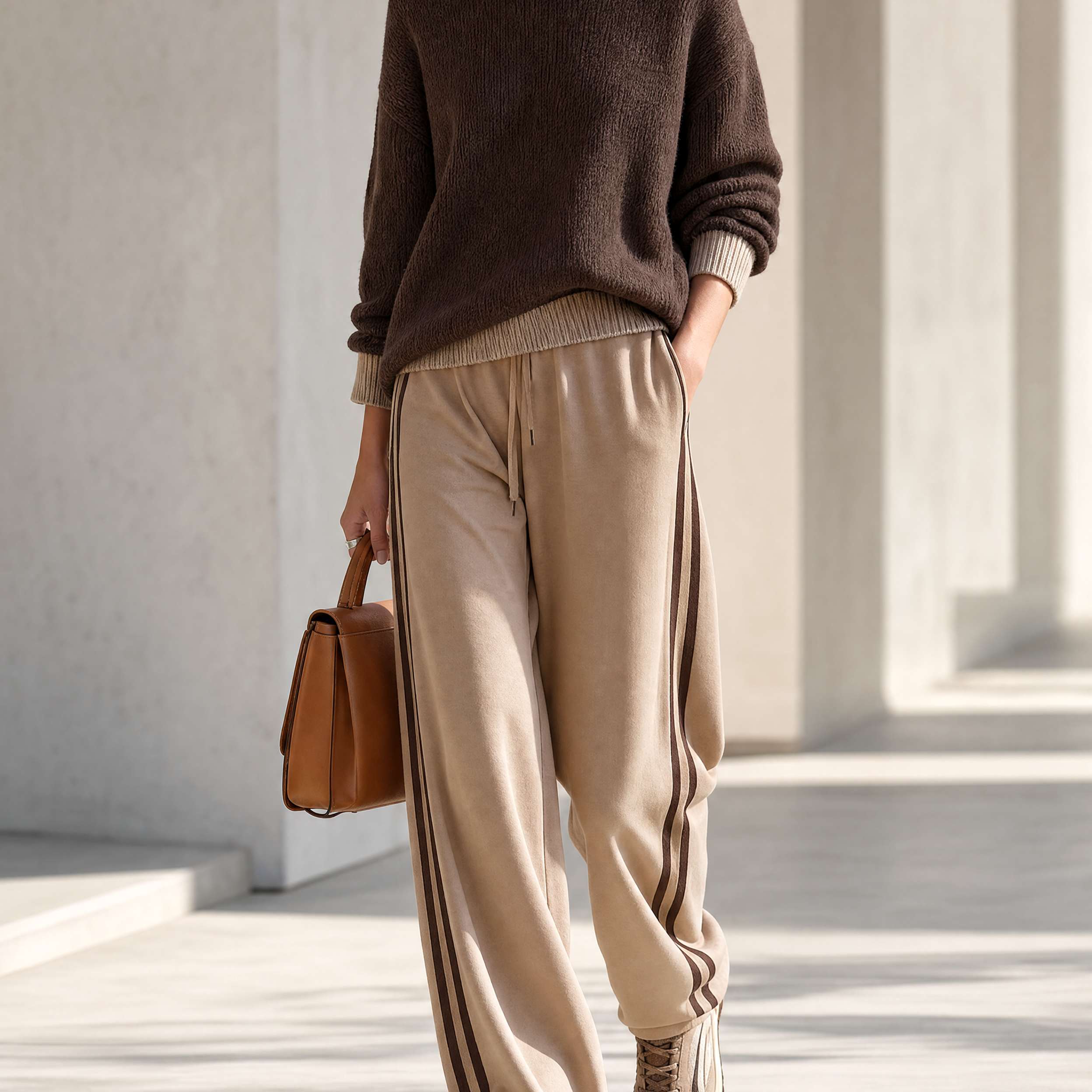 Brown Crew-neck Sweater And Drawstring Wide-leg Pants Set