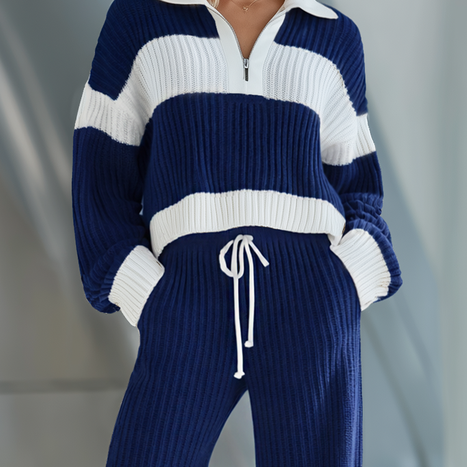Women's Fashionable Casual Beige And White Striped Zip-up Short Top