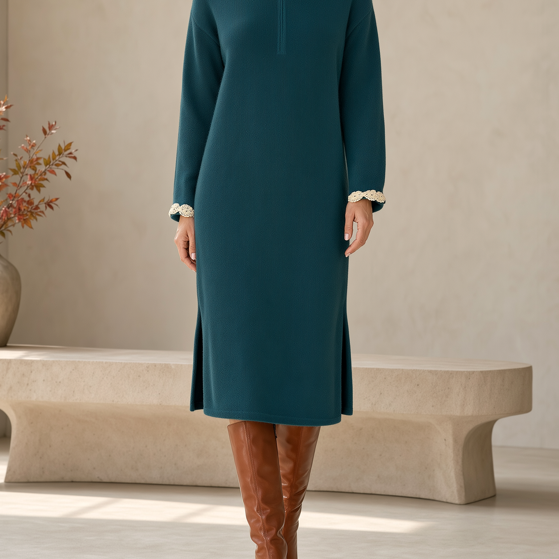 Teal Hooded Half-zip Knitted Midi Dress