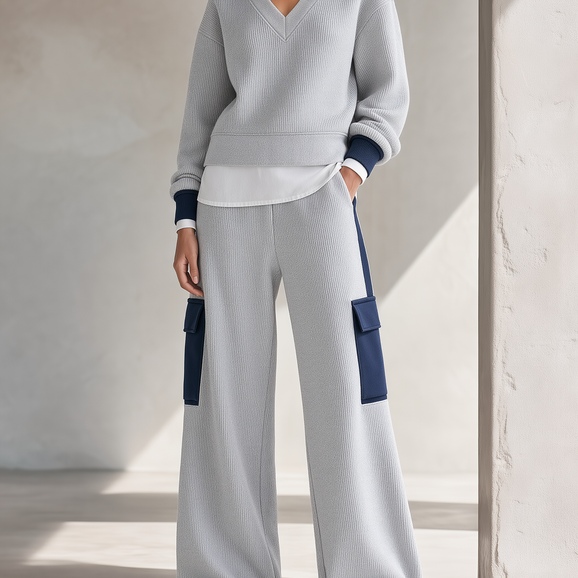 Women's Color-Block V-Neck Sweater & Wide-Leg Cargo Pants Knit Set