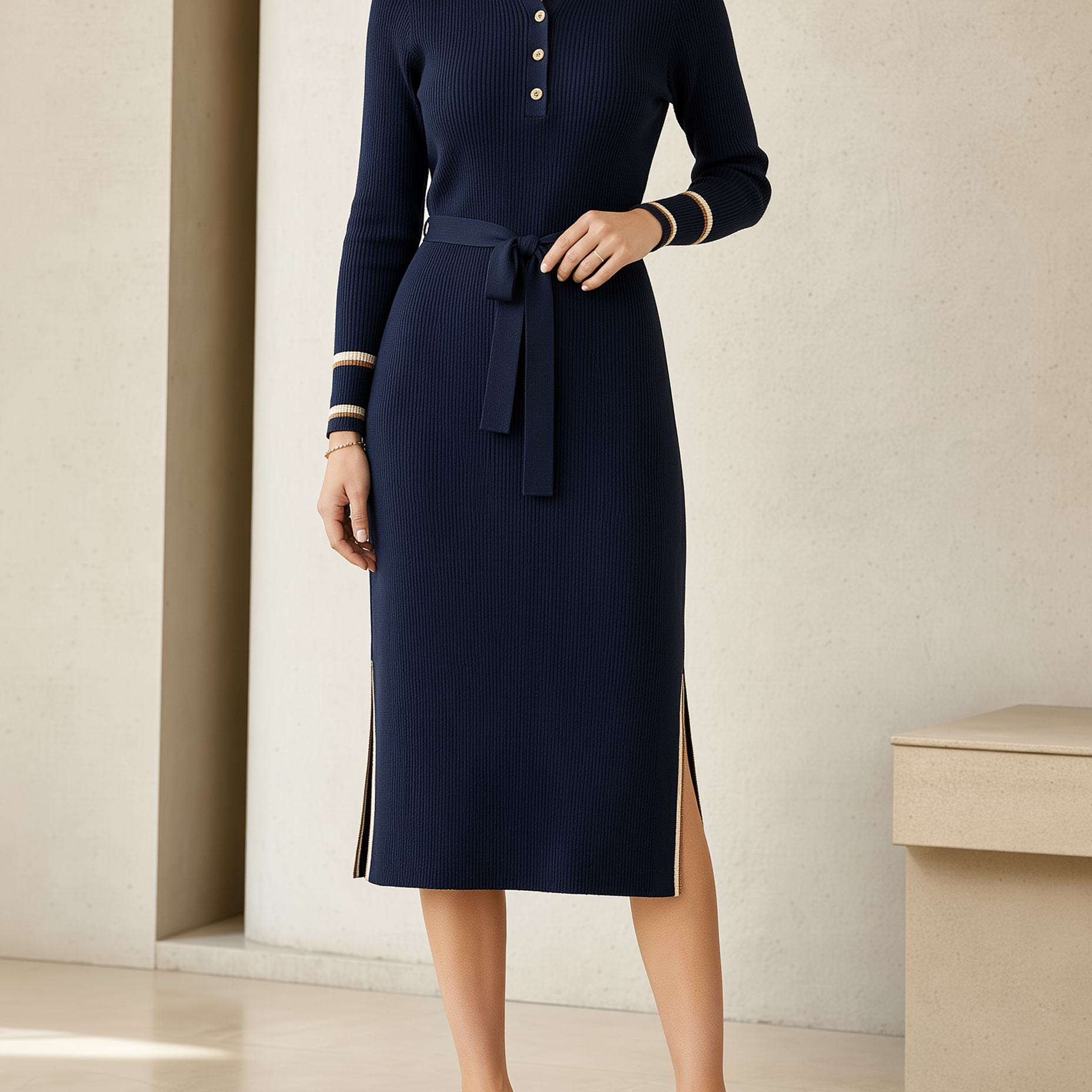 Women's Ribbed Knit Polo Collar Sweater Dress with Belt
