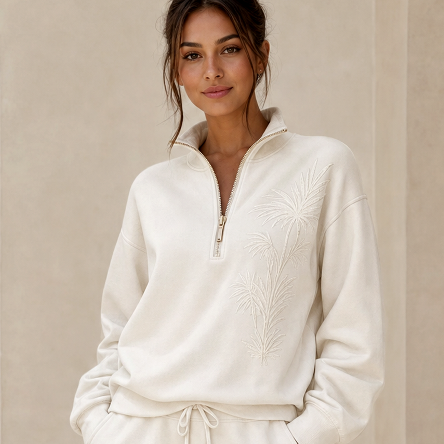 Off-white Embroidered Half-zip Casual Sweatshirt