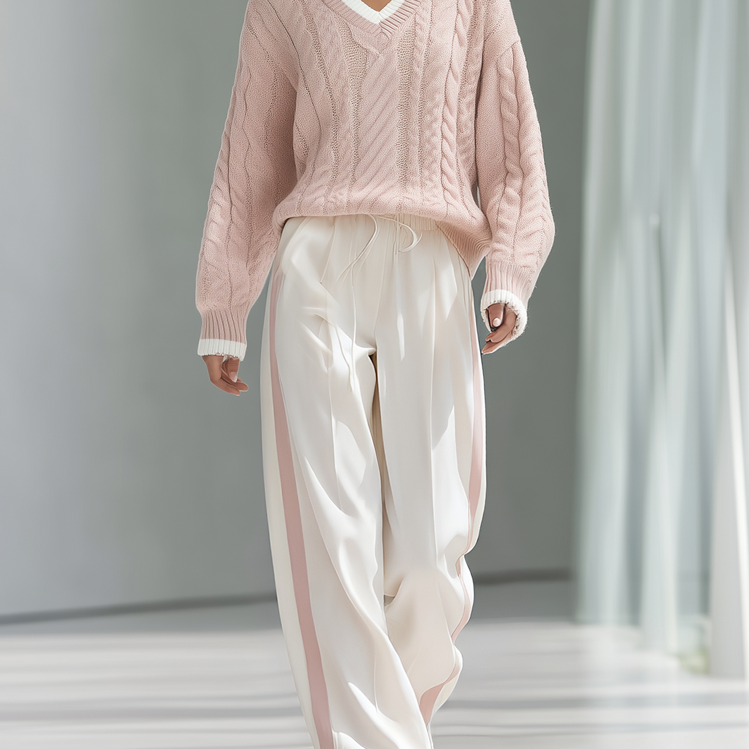 Pink V‑Neck Cable Knit Sweater & Side Stripe Wide‑Leg Pants Set
